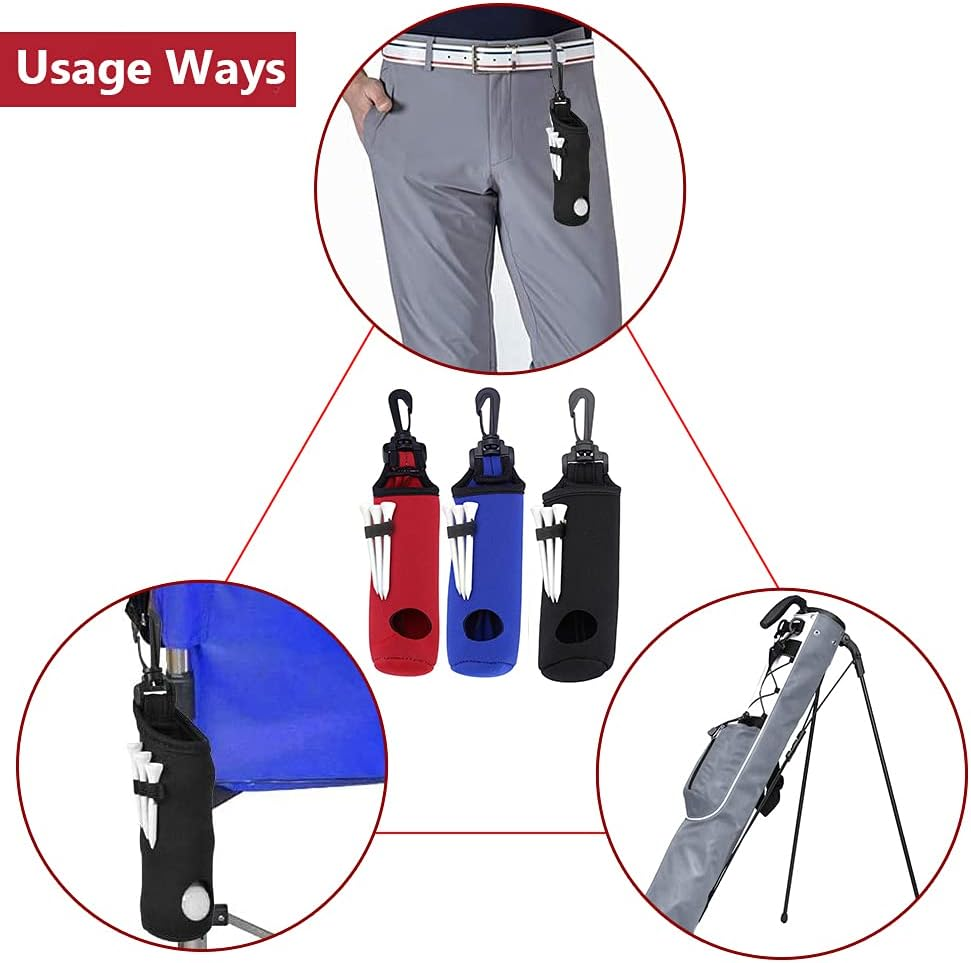 2 Pack Golf Ball Carry Bag Golf Tee Holder Pouch with Light Weight Hook Portable Golf Ball Storage Bag for 3 Golf Ball 3 Tees - Black+Red image number 3