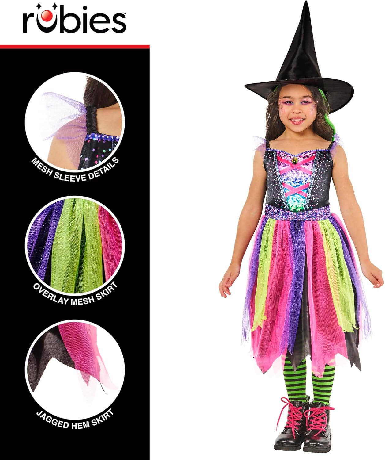 Rubies 1001676XXS000 Bright-Night Witch Kids Fancy Dress, Girls, Multicoloured, 3-4 Years image number 1