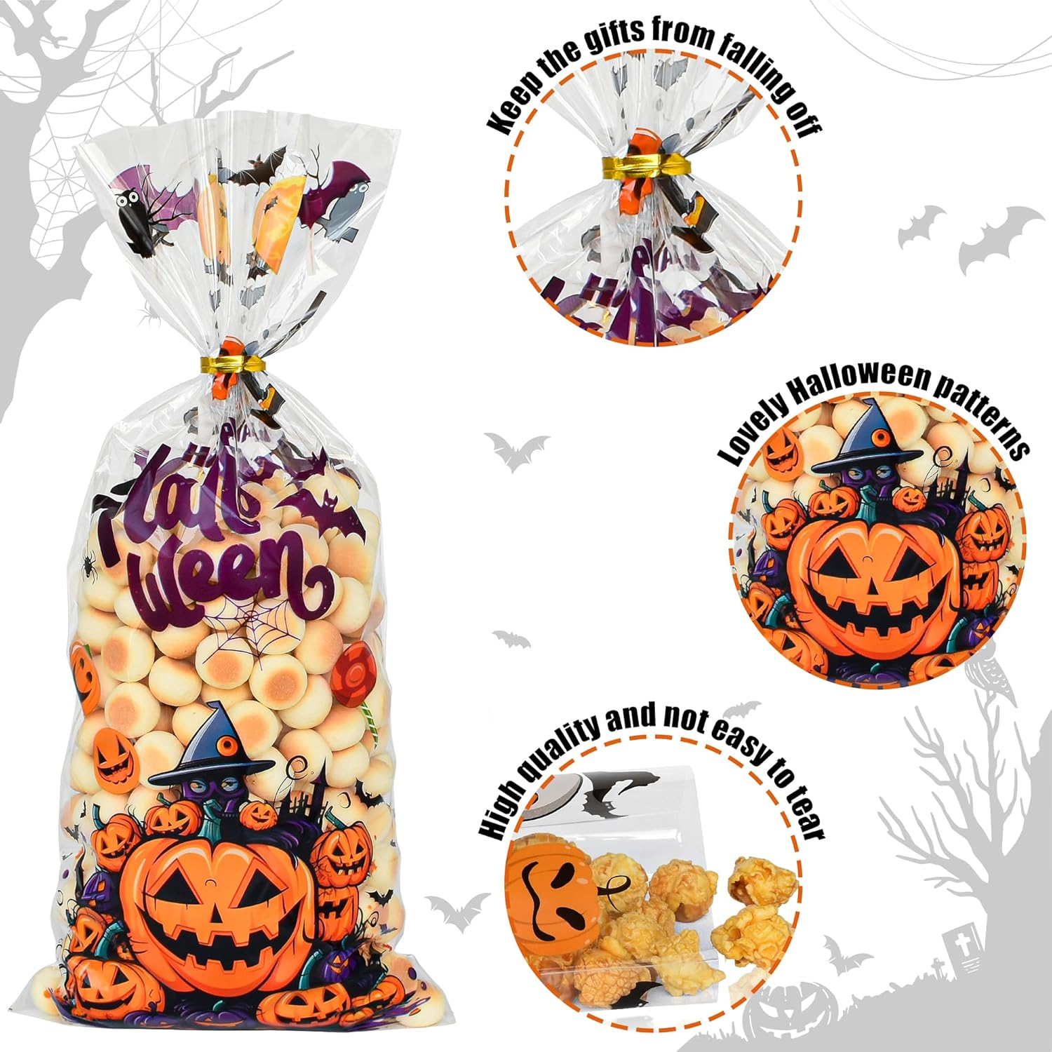 Twavang 150 Pcs Halloween Cellophane Treat Bags, Halloween Trick or Treat Goodie Bags with 170 Pcs Twists for Halloween Party Favors (10.8 X 4.9 Inches) image number 6