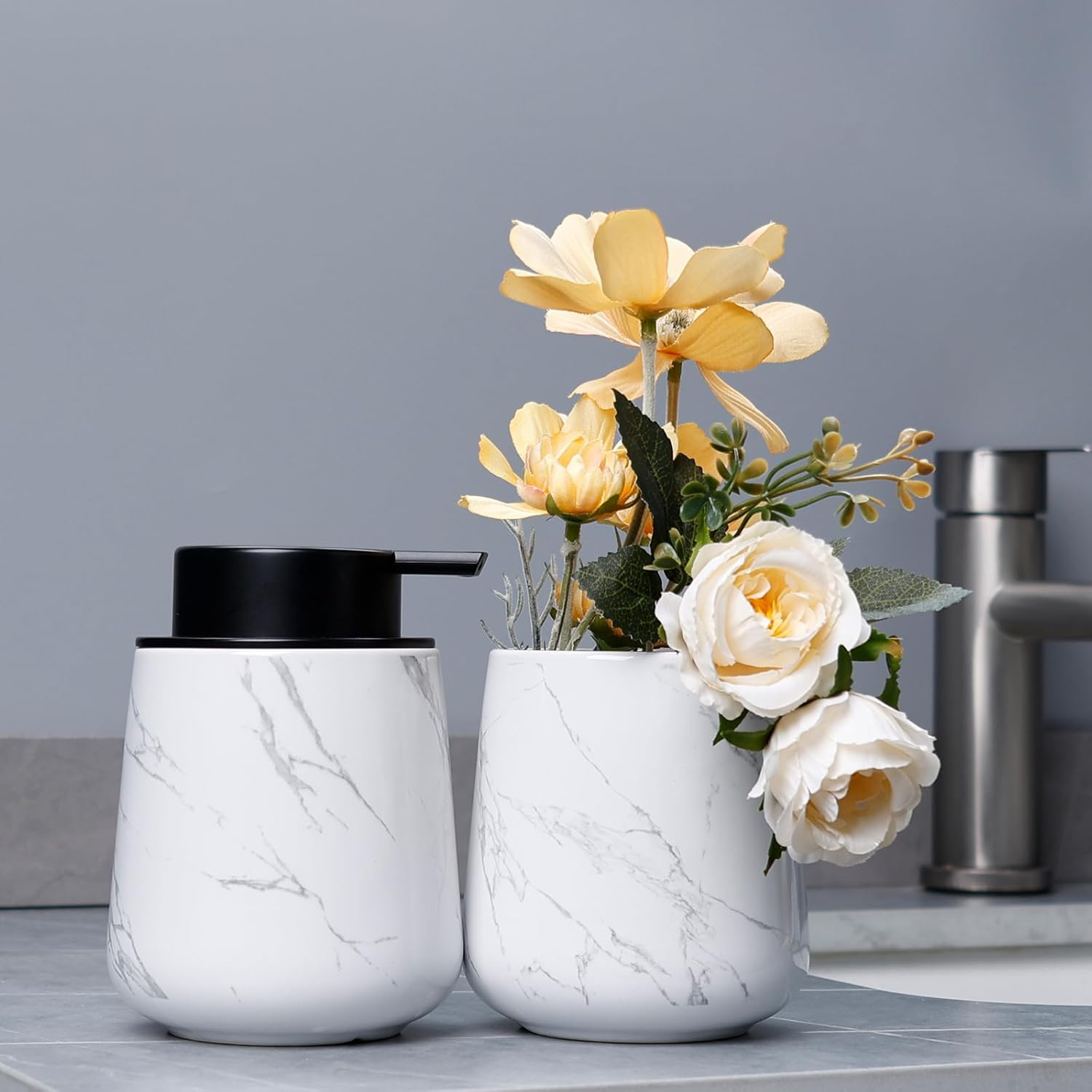 Foaming Soap Dispenser, 320Ml Ceramic Soap Dispenser Foam Dish Soap Dispenser for Bathroom Kitchen, Modern Marble Refillable Hand Soap Dispenser - Marble Pattern image number 4