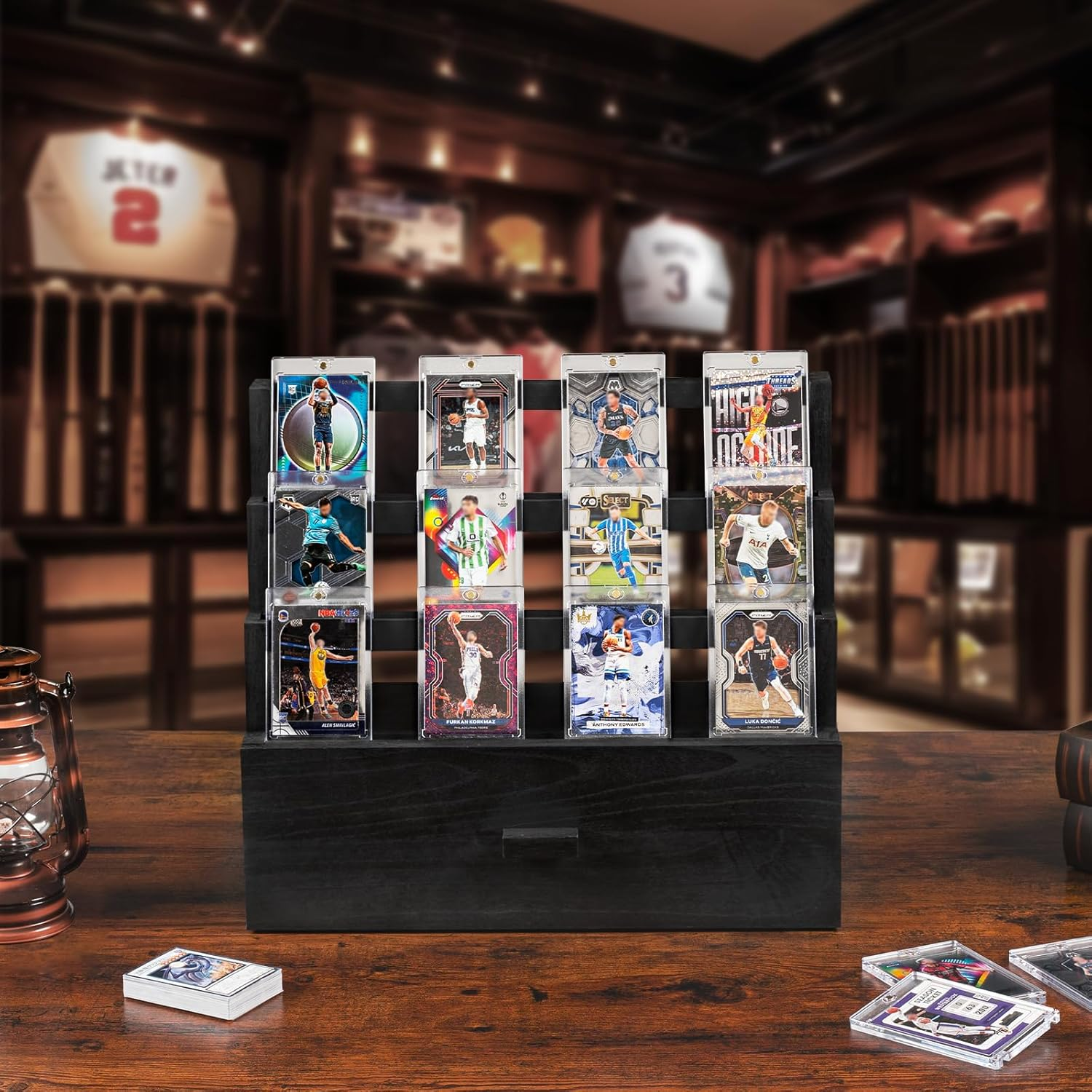 Trading Card Display, 3-Tier Trading Card Storage with Custom Drawer, Wood Graded Cards Display with Supporters and Dividers (Black) image number 5