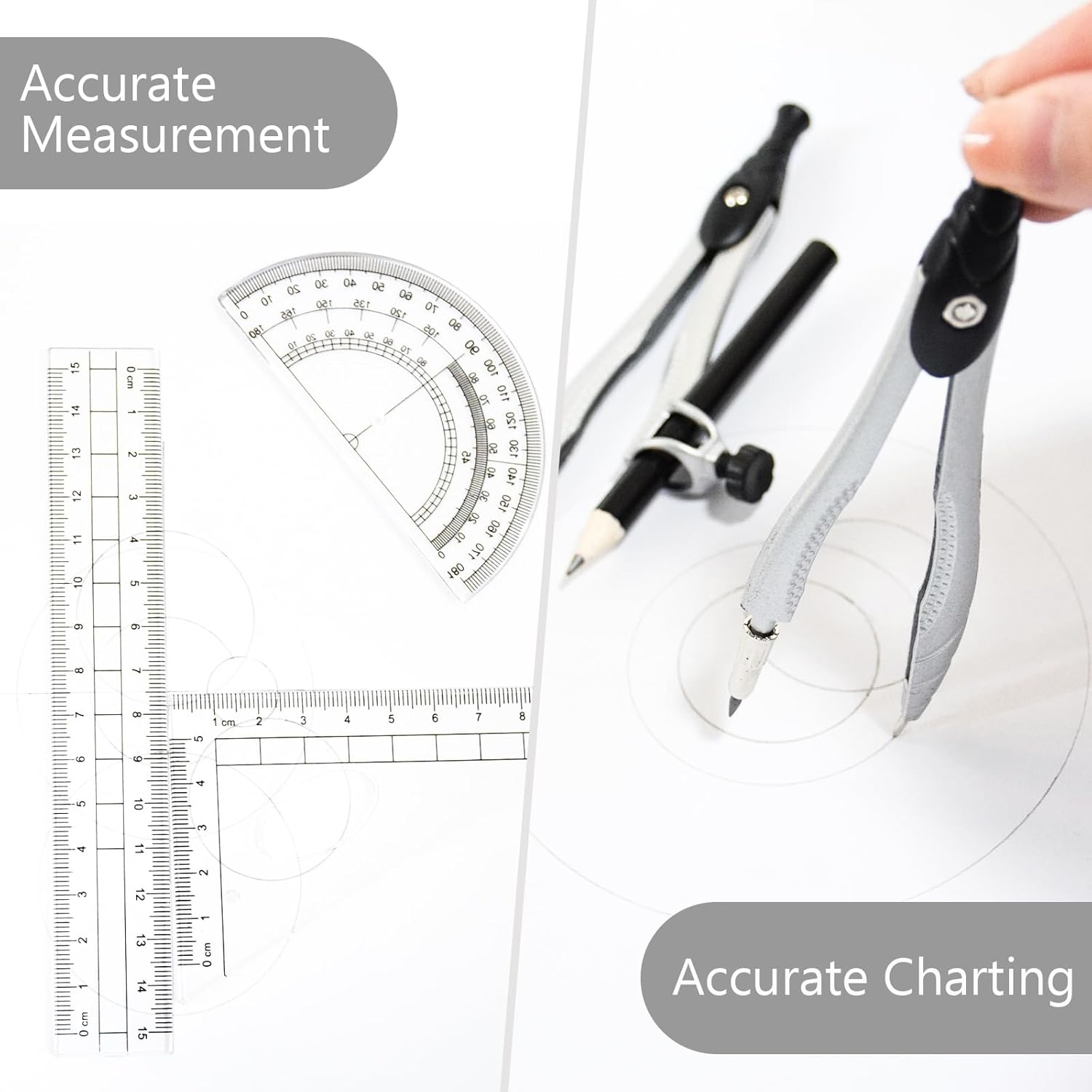 SAYEEC Geometry Set, 10 Pcs Math Protractor Compasses Kit with Ruler, Triangles, Eraser, Sharpener, Lead Refills, Pencil, Storage Box, Drafting Drawing Tools for Architects Engineers Artists Students image number 6