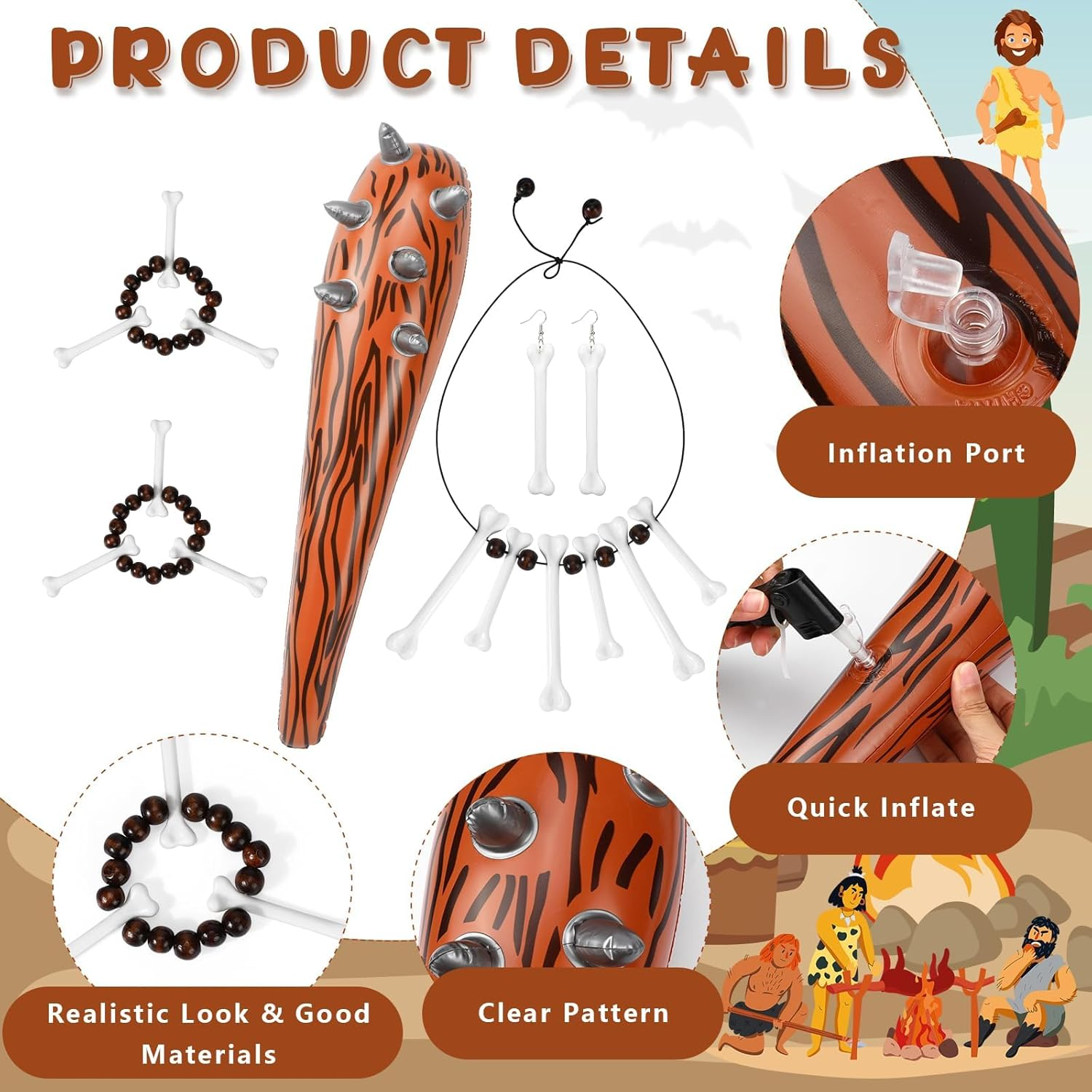 7 Caveman Costume Accessories - Adult & Kids Inflatable Club, Bone Headband, Necklace, Bracelet, Earrings, Leopard Armband - Caveman & Cavewoman Fancy Dress for Halloween & Carnival Party image number 5