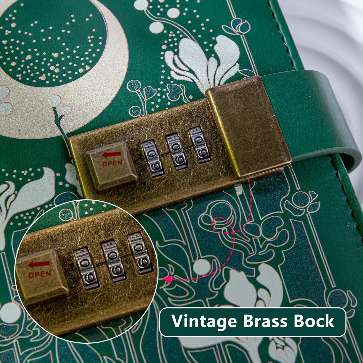 MGGAO Diary with Lock, Refillable PU Leather Diary with Lock and Key for Women Girls, B6 Secret Personal Daily Journal, Vintage Locking Diary, Moon and Flower Journal, 224 Pages Lined Journal image number 2