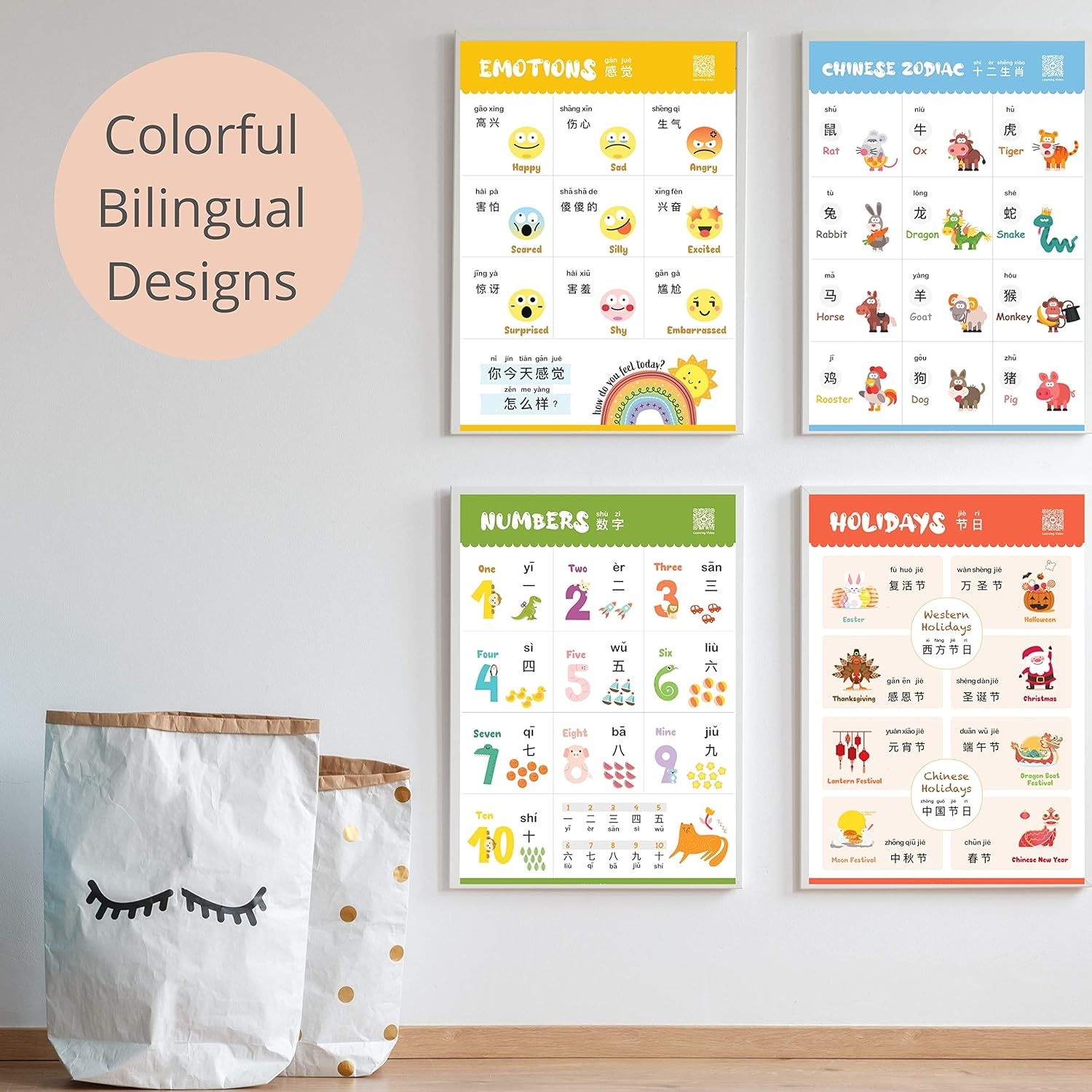 N/A Learn Chinese for Kids Poster Set - Bilingual with English, Simplified Chinese, and Pinyin - for Toddlers and Preschoolers - Learning Videos Included image number 6