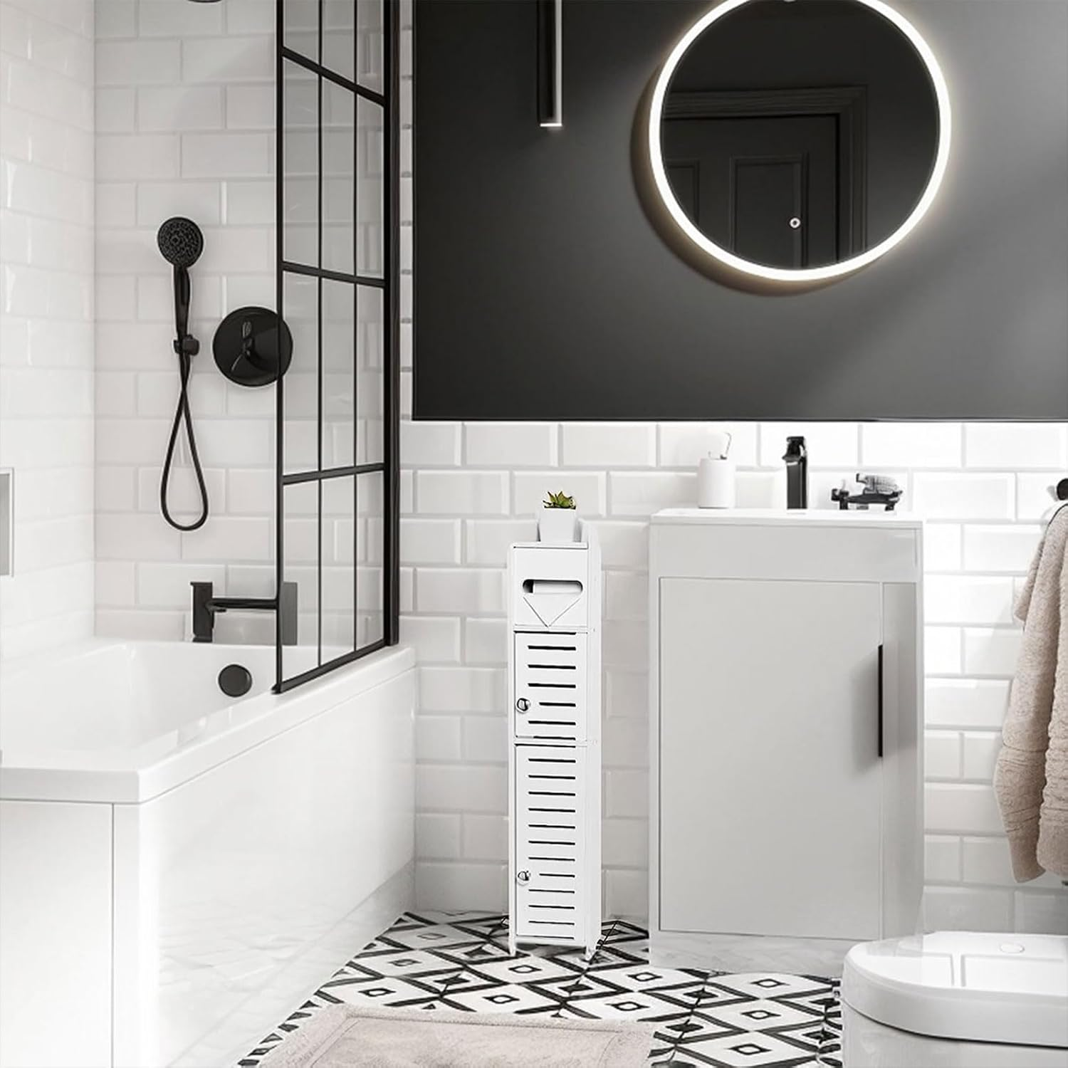 Storage Cabinet for Bathroom Toilet Roll Holder, for Small Spaces, over the Toilet Cabinet for Skinny Bathroom Storage Corner Floor, Slim Paper Cabinet with 2 Doors image number 5