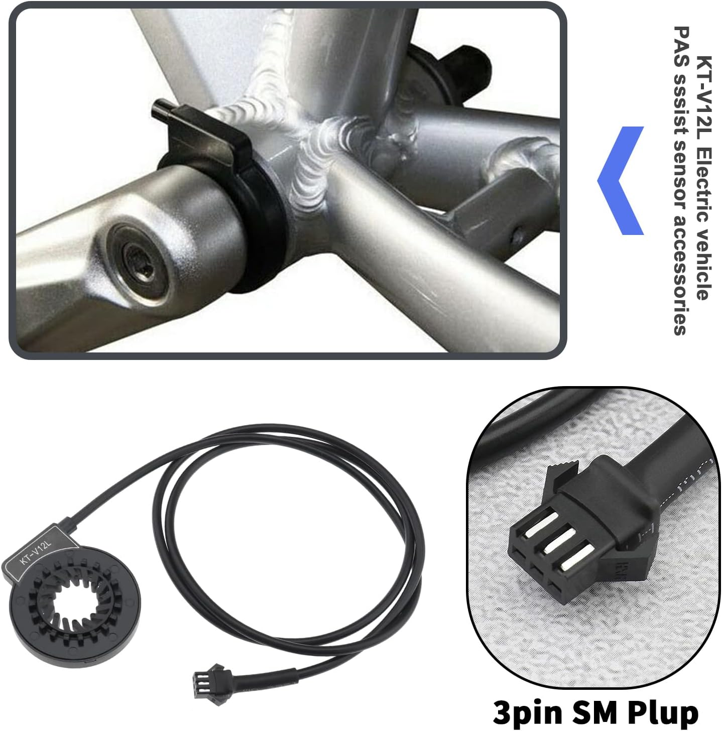 Ecsing Electric Bicycle Pedal KT-V12L 12 Magnets Dual Hall Assist Sensor PAS Pedal System 3Pin SM Plug Cadence Speed E-Bike Sensor Accessories Black ABS image number 1