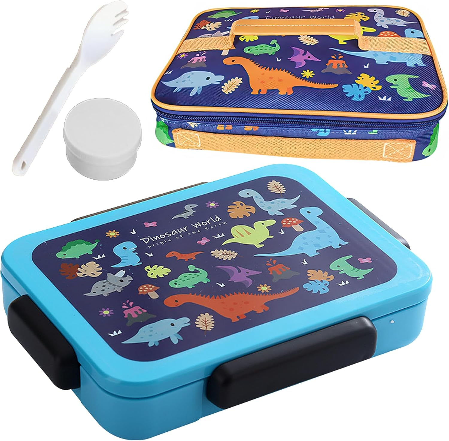 STRONGBERRY Kids Lunch Box, Healthy and Microwave - Safe, Dinosaur Parade, Purple Unicorn, Brown Bear Designs (Blue Dinosaur& Bag) image number 2