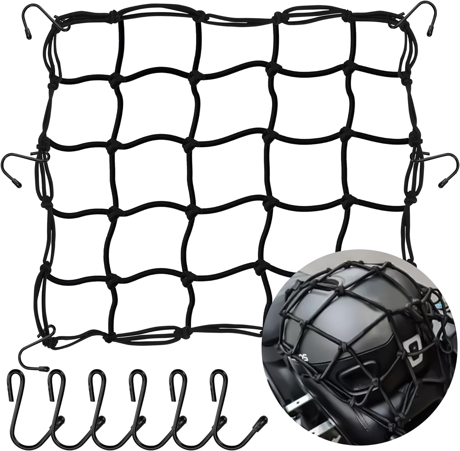 Cargo Nets for Motorcycle Helmet 16"X16" Elastic Bungee Net Storage Featuring 6 Hooks Tight 2"X2" Mesh Luggage Strap Rack Expansion Organizer Net Pocket for Motorbike E-Bike Trike image number 3