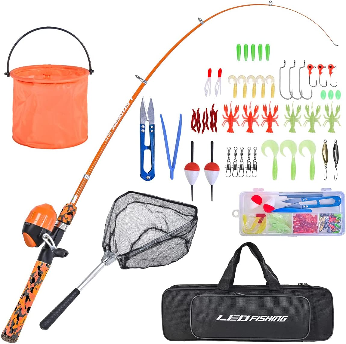 LEOFISHING Kids Fishing Pole Set with Full Starter Kits Portable Telescopic Fishing Rod and Spincast Reel with a Fishing Net and Bucket for Boys Girls and Youth