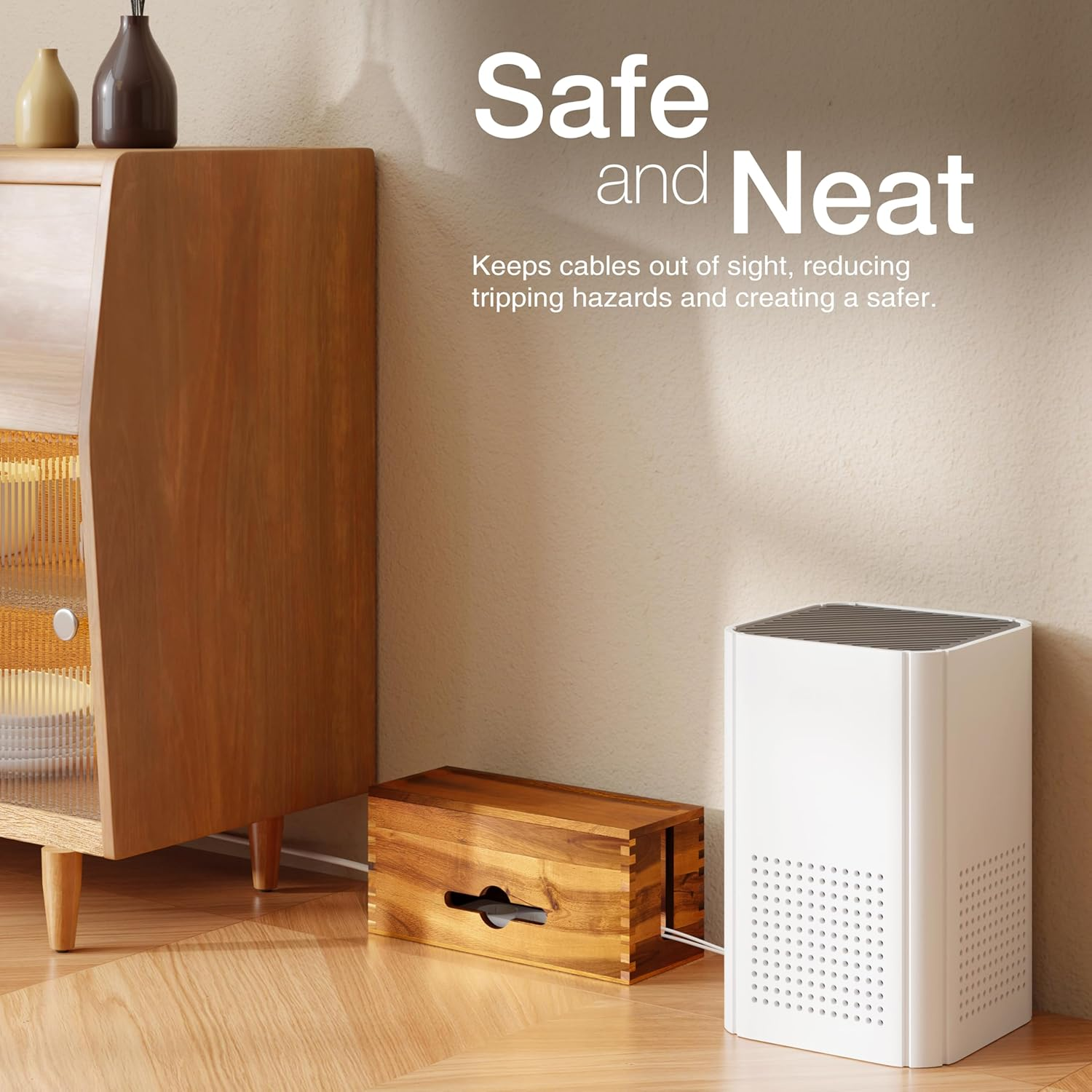 Acacia Cable Management Box - Cable Organizer Box and Power Strip Box for Electrical Cord Management - Desk Cord Hider and Floor Cable Management (Acacia, 15" Length) image number 3