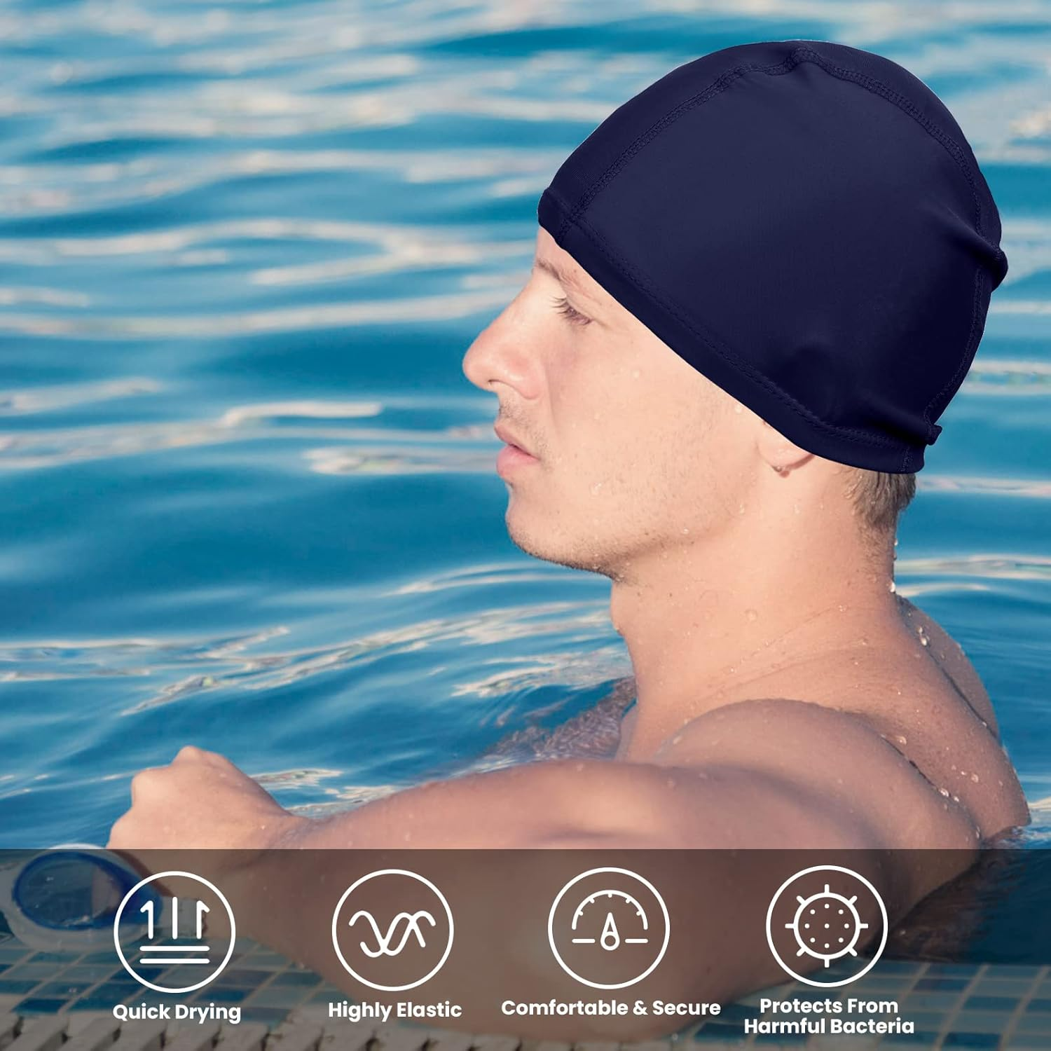 2 Pcs Elastic & Lightweight Swimming Caps, Comfortable Fabric Swimming Hats for Women Men Kids and Adults, Unisex Nylon/Non-Slip Bathing Caps for Long Short Hair image number 1