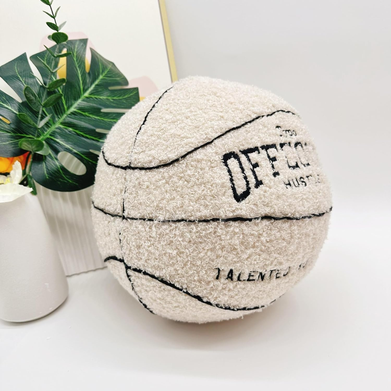 2023 New Offcourt Basketball Pillow, 11" Shaped Teddy Fleece Embroidered Throw Pillow, Fuzzy Plush Toy Gifts for Kids Boys Girls (Beige) - Black image number 5