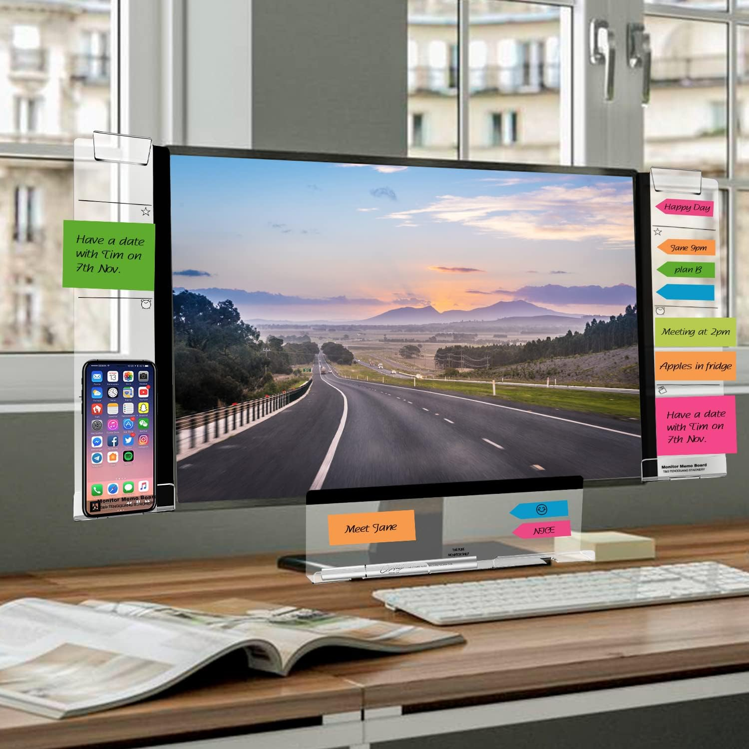 Monitor Memo Boards for Computer, Set of 3 (Left & Right & Bottom) Multifunction Acrylic Screen Message Reminder Pad Side Panels Phone Holder - Utility Organizer for Office Desktop, with Sticky Notes image number 1