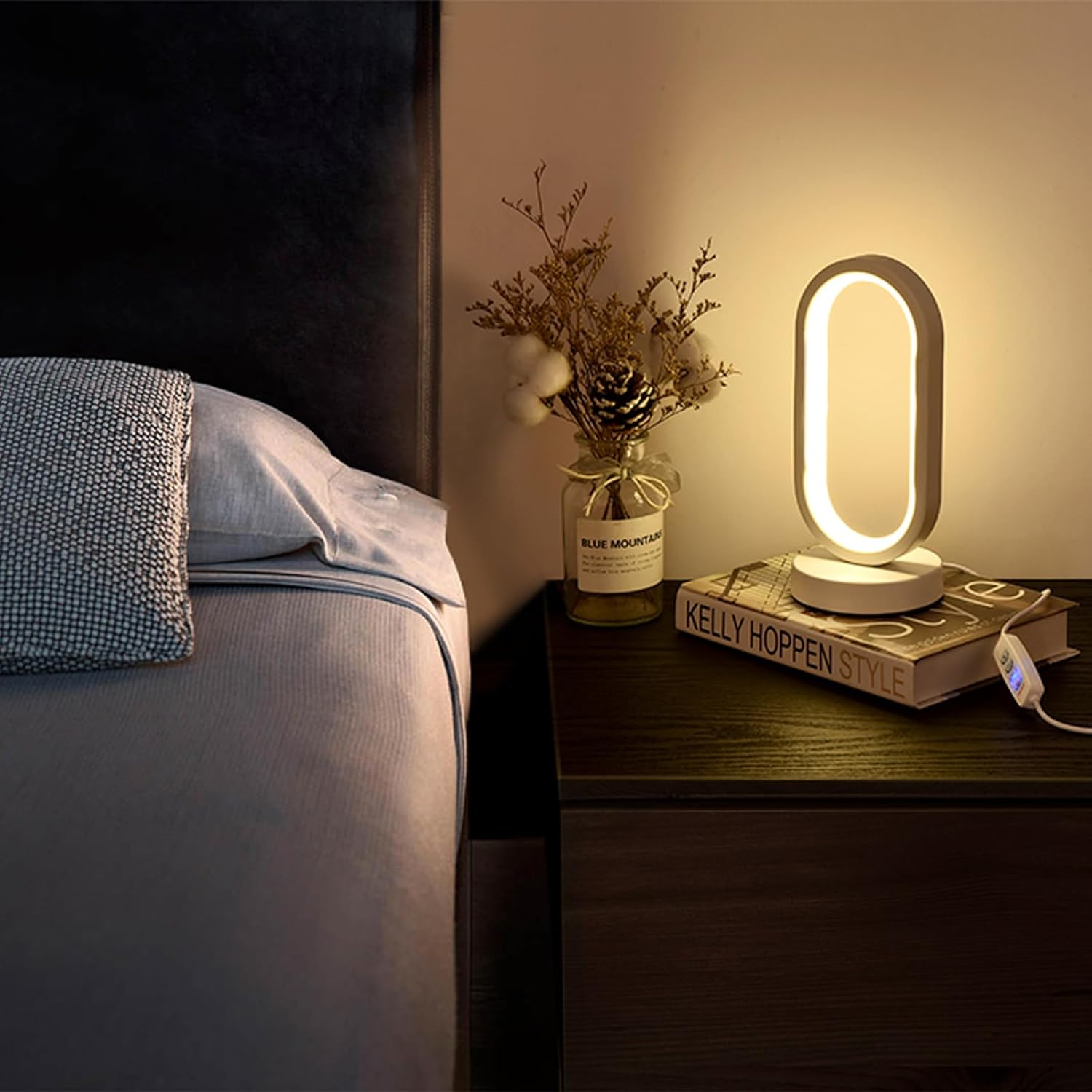 Small Modern Bedside Table Lamp, LED Oval Bedside Night Light, 3 Color Temperatures and 10 Brightness Levels, 8.6'' Desk Lamp for Bedroom, Living Room, Reading Lamp, Home Decoration, White image number 1