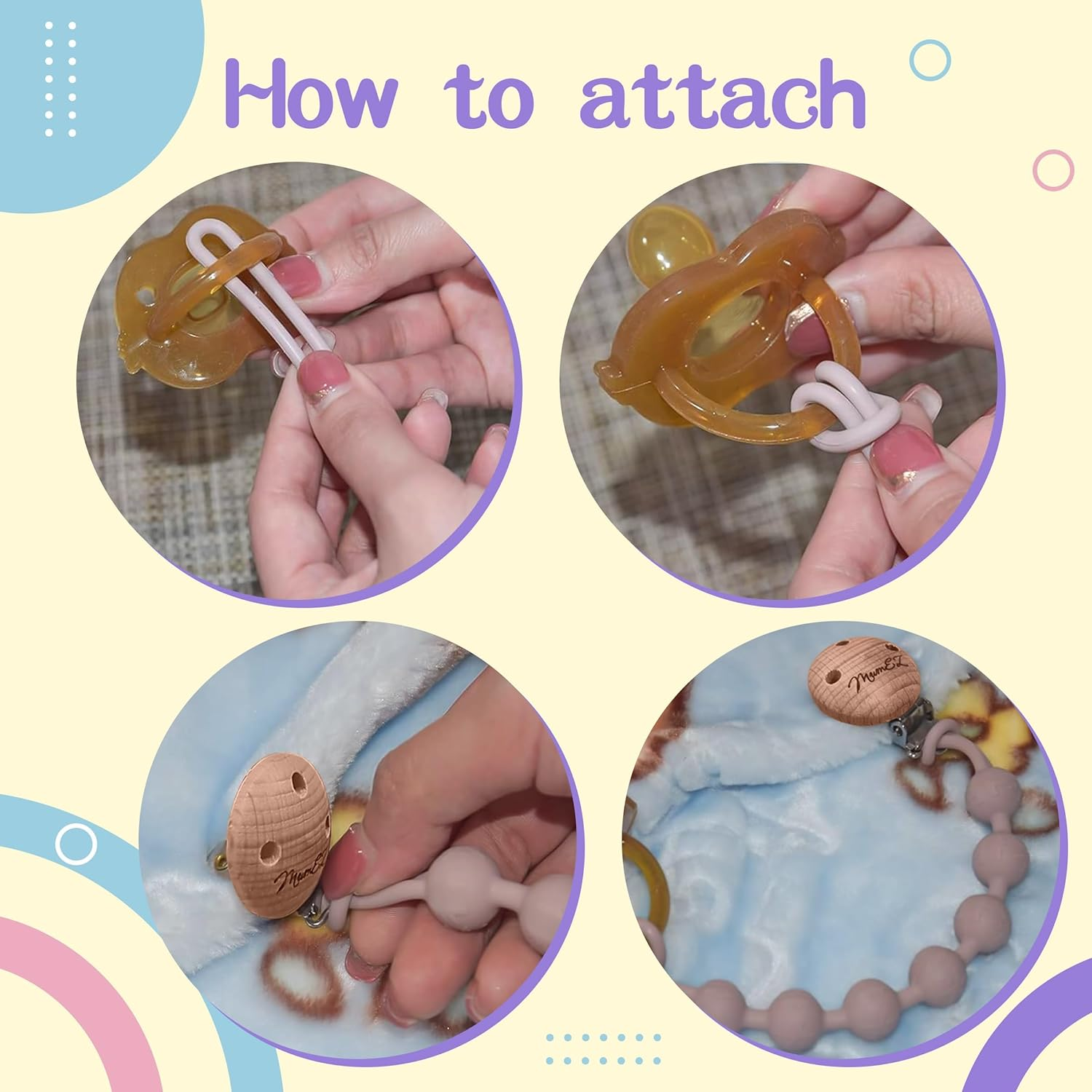 Silicone Dummy Clips - 2 Pcs Dummy Clip Boys Girls - Pacifier Clips and Dummy Holder - Soother Chains - One-Piece Design (Cream Whtite+Purple) image number 1