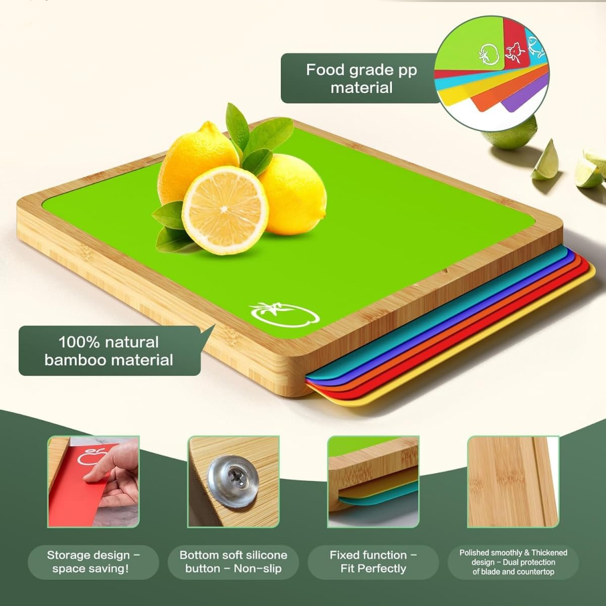 Large Bamboo Chopping Board with 6 Color-Mats, Flexible Colour Coded Cutting Boards Mats Set with Food Icons & Easy-Grip Handles, for Bread, Vegetables, Fruits, Meats, Fish image number 6