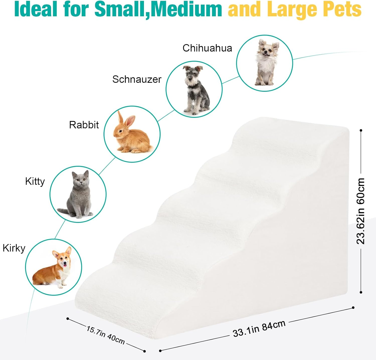 Uross Dog Stairs for Small Pet 60CM Height - Dog Steps Ramps for Bed Couch, High Density Foam Pet Stairs for Dogs to Get on Bed, 5 Tiers Cat Doggy Steps Ramps for Joint Pain(Beige image number 5