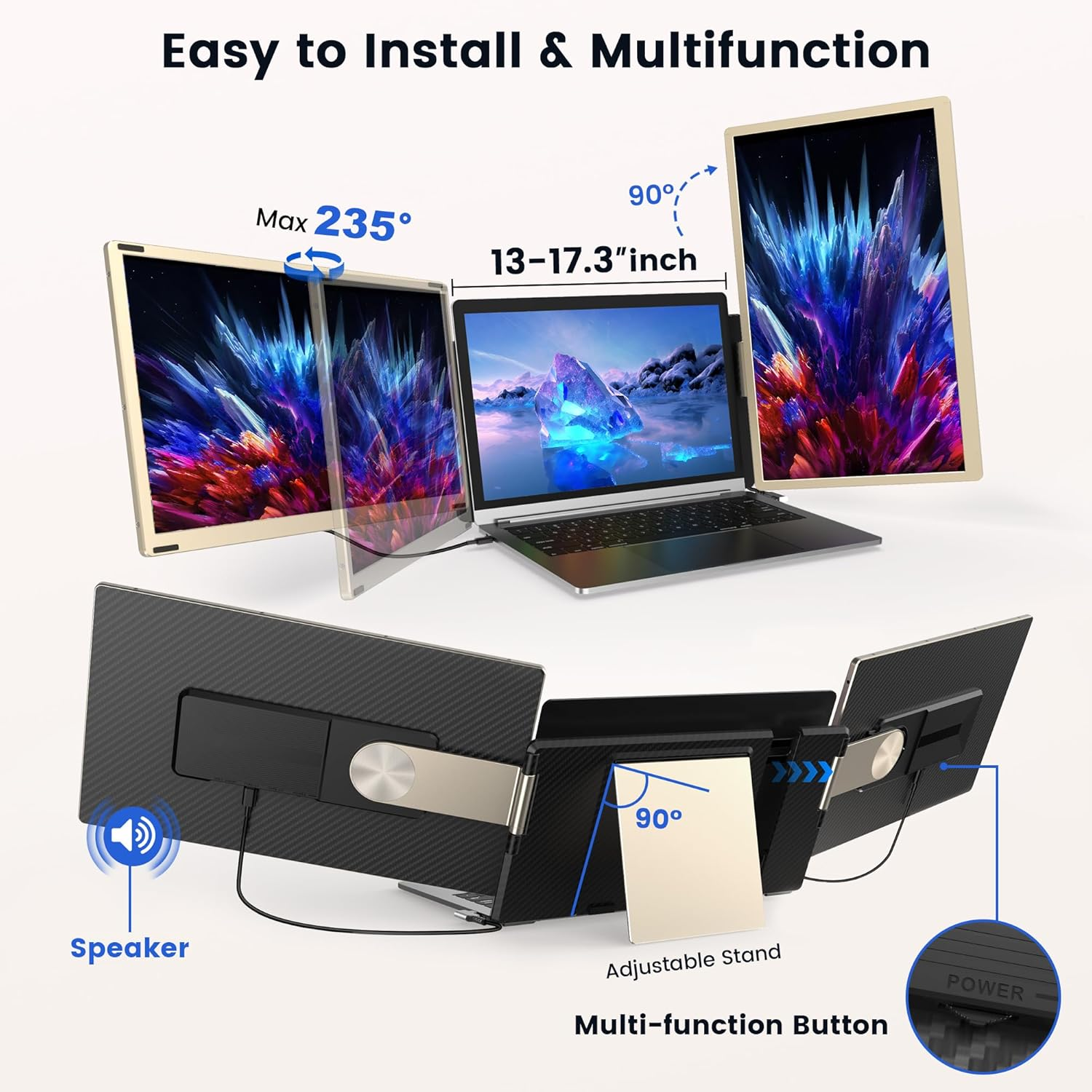 Updated Laptop Screen Extender,15.6" Portable Triple Monitor for 13&rdquo;-17.3&rdquo;Laptop with IPS FHD 1080P Display, Detachable Laptop Extended Monitor Compatible with Mac, Wins, Dex, Chrome image number 3