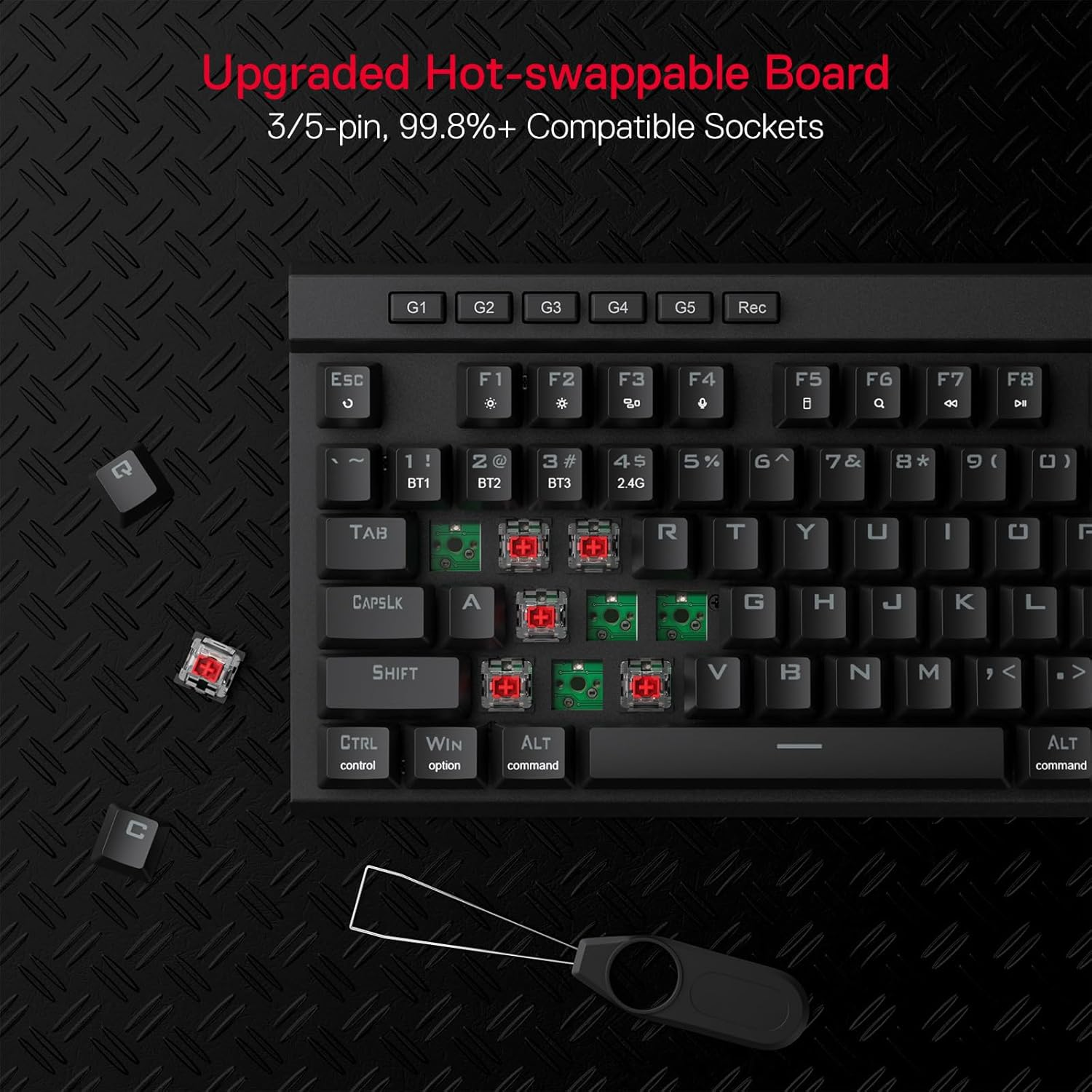 Redragon K580 PRO Wireless RGB Gaming Keyboard, Mechanical Keyboard with 3 Modes and 104 Keys, Hot-Swap Socket, Dedicated Media Control and Onboard Macro Recording, Linear Red Switch image number 5