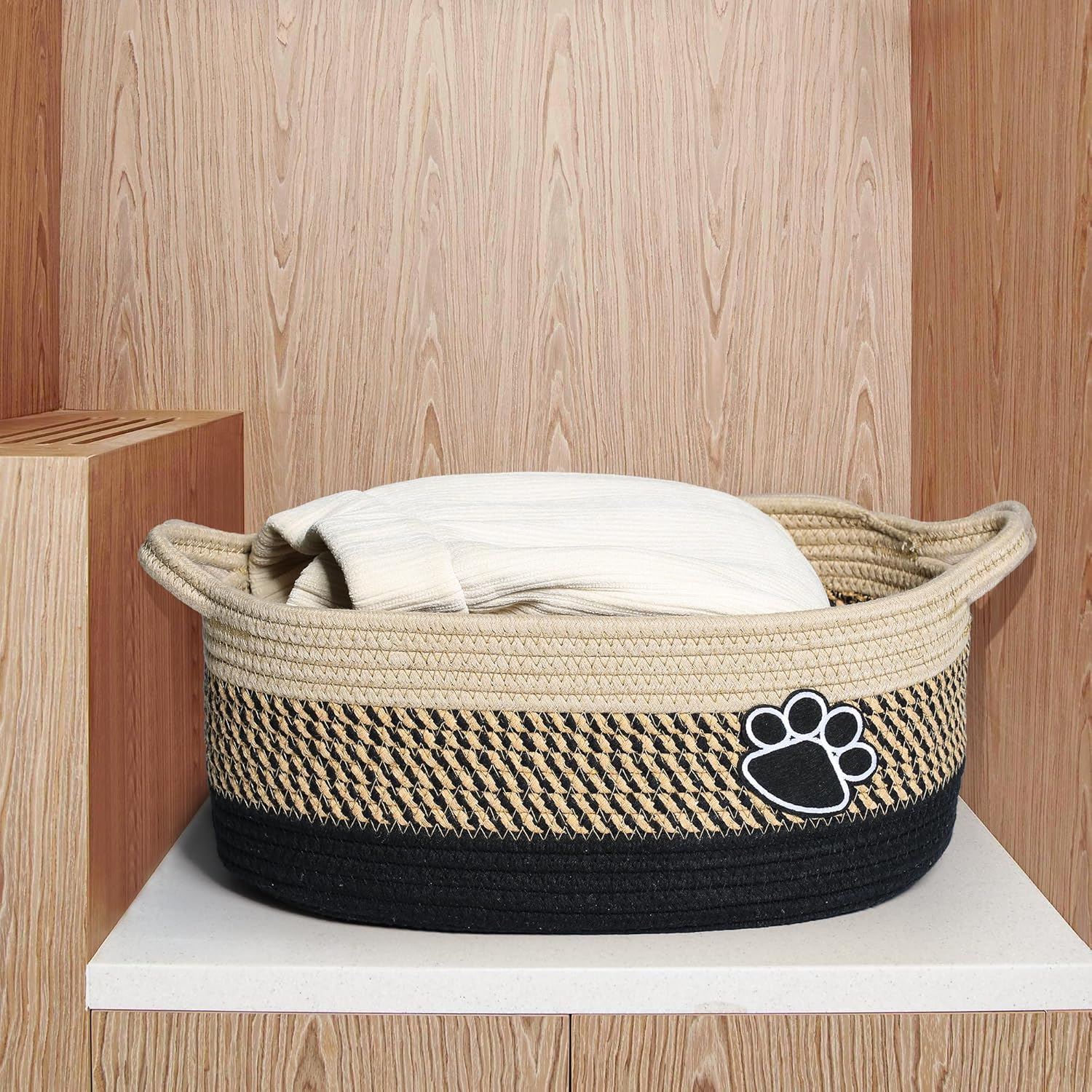 Small Woven Baskets for Organizing Rope Storage Basket with Handle Cute Cotton Nursery Gift Dog Toy Bins Organizer-Light Beige