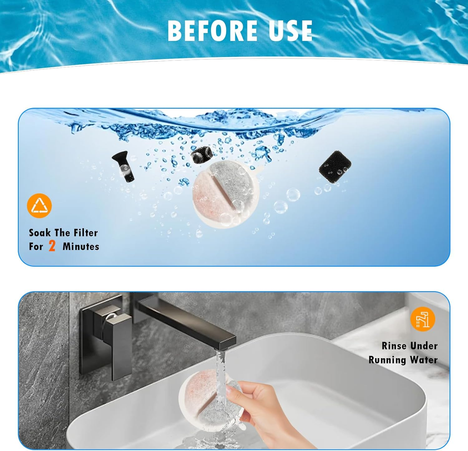 12 Pack Cat Water Fountain Filters Replacement for Nugget and Feelneedy Pet Water Dispenser, Triple Filtration System with Activated Charcoal and Ion Exchange Resin, Including 18 Pre-Filter Sponges image number 2