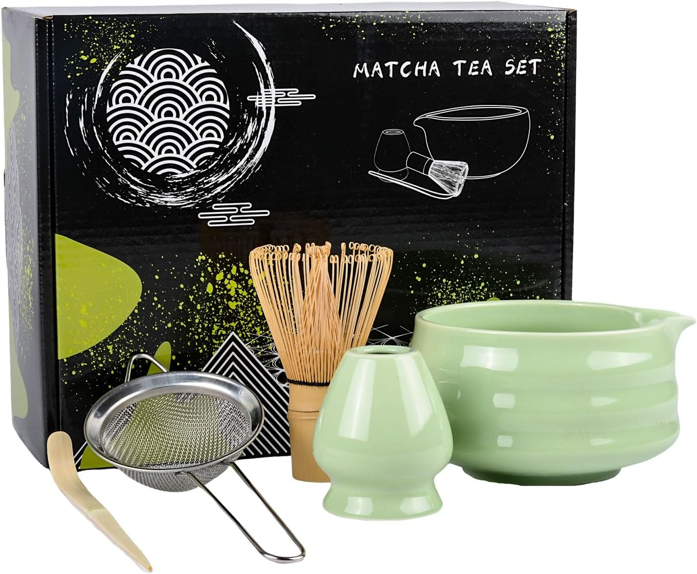 5 Pcs Matcha Tea Kit,Japanese Household Matcha Tea Set with Bamboo Whisk, Ceramic Whisk Holder, Traditional Scoop, Matcha Bowl with &lrm;Pouring Spout Design, Japanese Tea Set with Sifter(Green) image number 4
