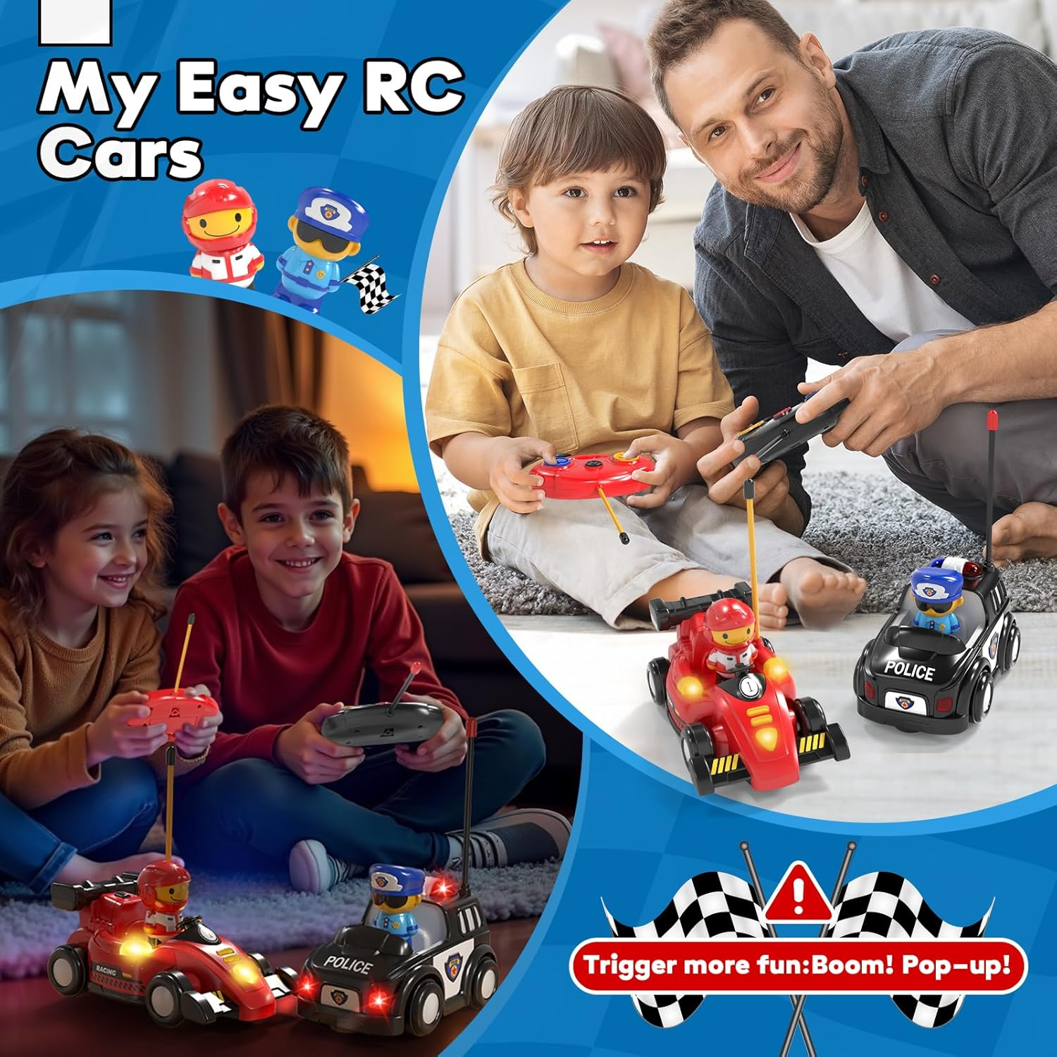 Lehoo Castle Remote Control Cars, Toys for 2 Year Old Boy, Remote Control Bumper Cars, 2 Pack RC Car Pop-Up Race & Police Car Toy, Gifts for 2 Year Old Boys with Lights & Music image number 3