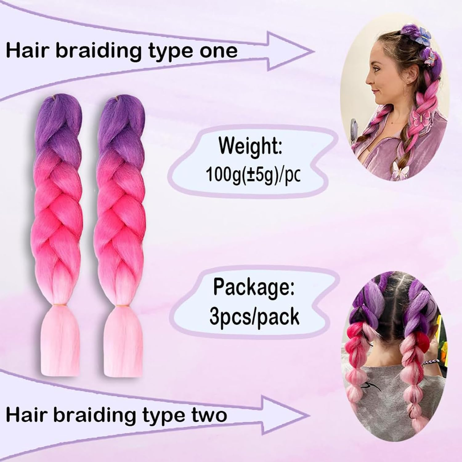 Jumbo Braiding Hair Extensions,24Inch/60Cm 3 Packs High Temperature Fiber Crochet Twist Braids Crochet Braiding Hair Purple/Rose Red/Pink(C6) - A1 image number 3