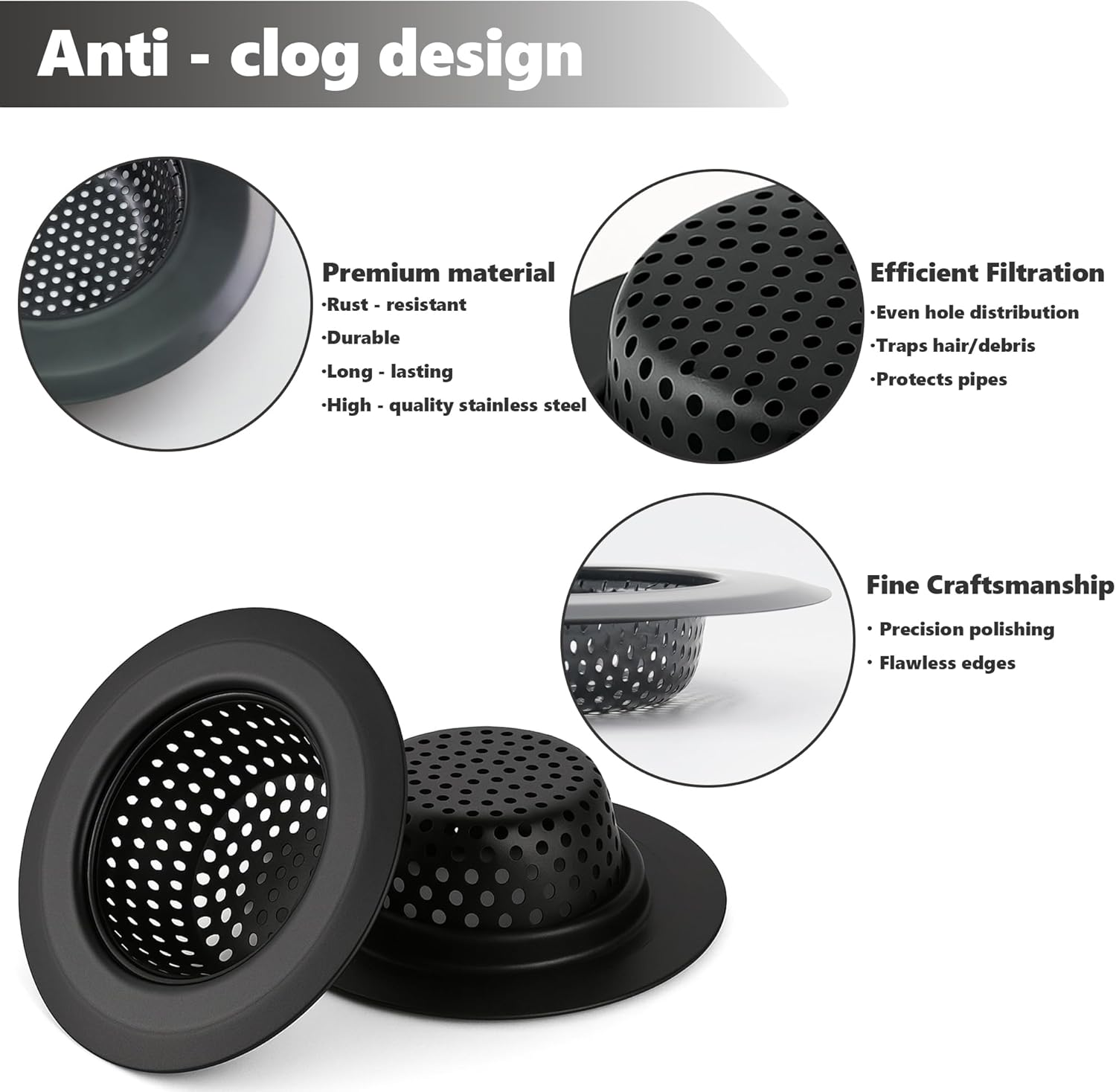 2 Pack Kitchen Sink Strainer - 11.3Cm Wide Rim Stainless Steel Drain Catcher - Fits 7Cm Drain Hole (Standard AU Sinks) - Anti-Clog Food Waste Filter & Rustproof (Matte Black)