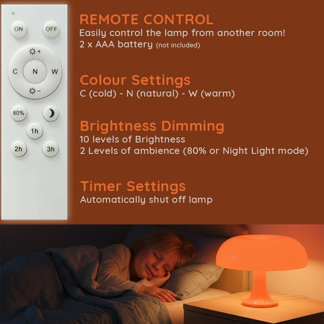 Funky LED Mushroom Lamp (Orange) | Cute Night Light for Kids | USB Retro Living Room Lamp | Remote Controlled | Auto Timer | Relaxing Ambience and Mood Lighting | Living Room Home Decor Lighting image number 3