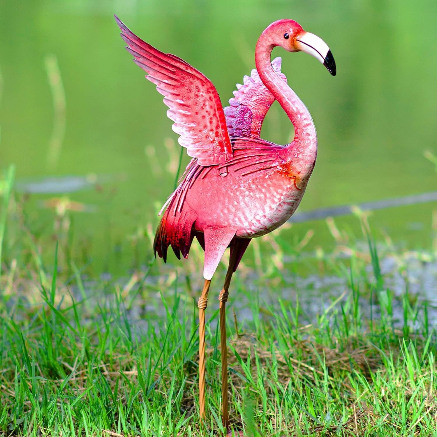 Natelf Garden Flamingo Statues and Sculptures, Outdoor Metal Bird Yard Art, Pink Flamingo Lawn Ornament for Patio Backyard Porch Decorations image number 6