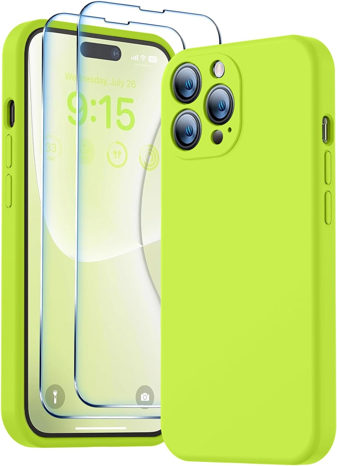 Bosskiss Compatible with Iphone 14 Pro Max Case 6.7 Inch, Premium Liquid Silicone Case [Velvety Touch] [2 Pcs 9H Tempered Glass Screen Protector], Camera All-Round Protection Case, Fluorescent Green image number 3