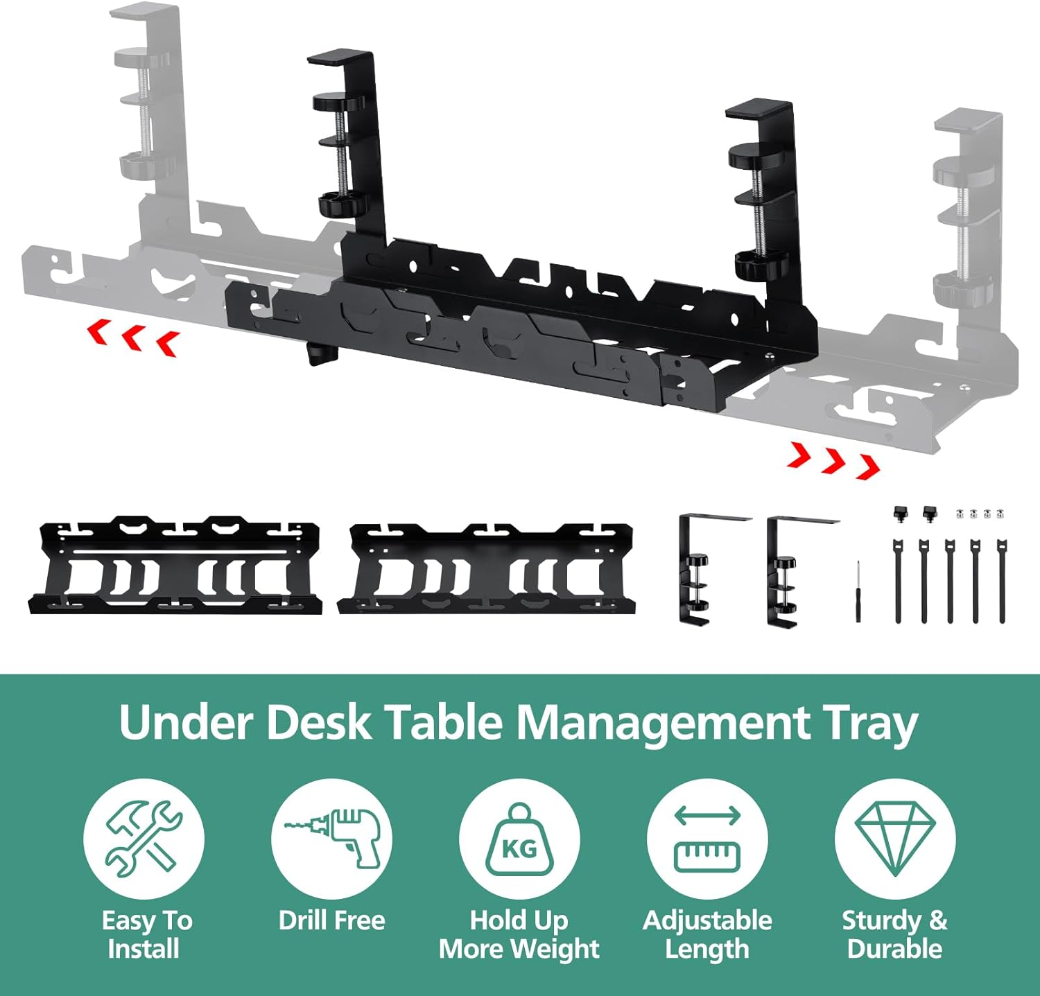 Under Desk Cable Management Tray,45-72Cm Adjustable Length Non-Drill Installation Cord Management for Home Office,Durable Carbon Steel Black image number 1