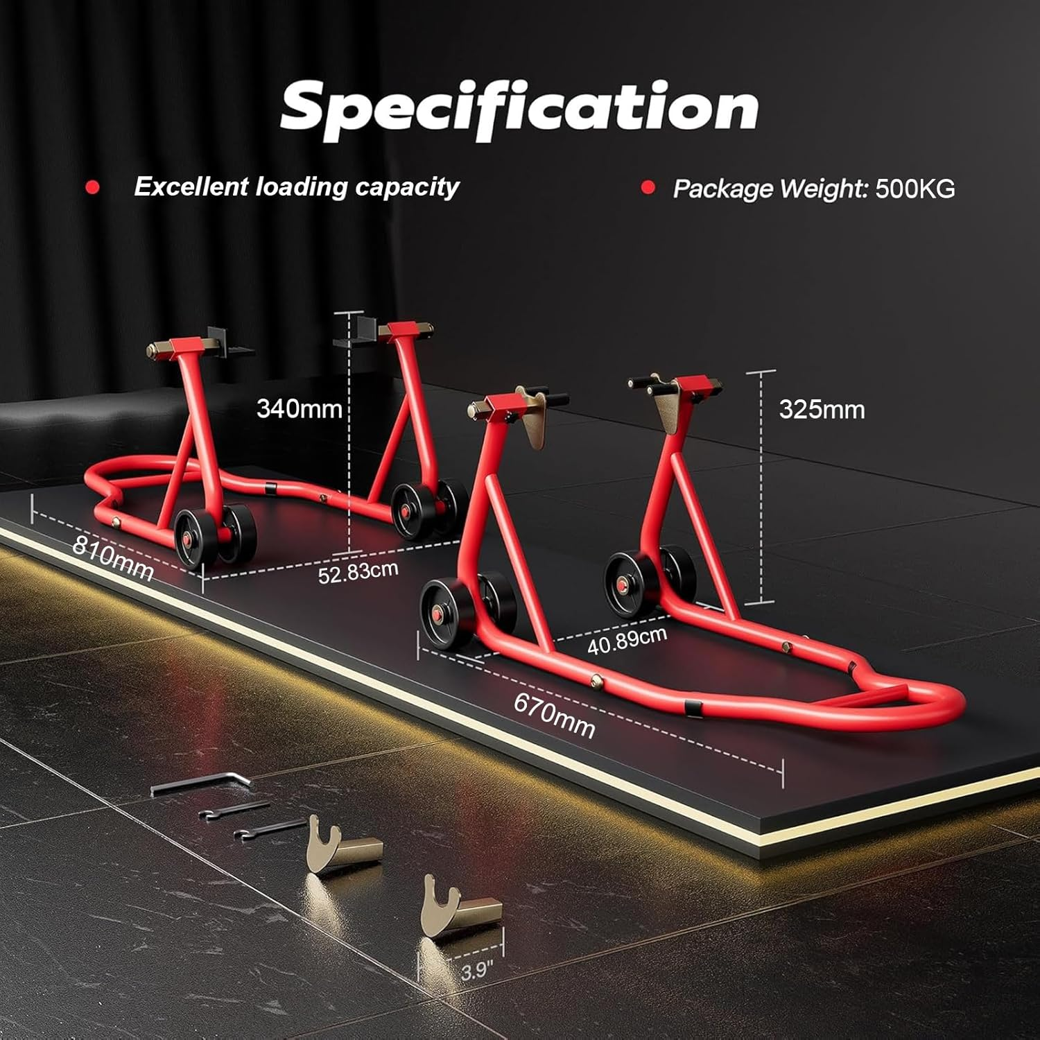 Motorcycle Stand Lift,500Kg Heavy-Duty Motorcycle Front Rear Combo Wheel Lift Stand U+L, Sport Bike Motorcycle Wheel Fork Stand with Adjustable Swing Arm Spool, for Most Motorcycles,Red image number 1