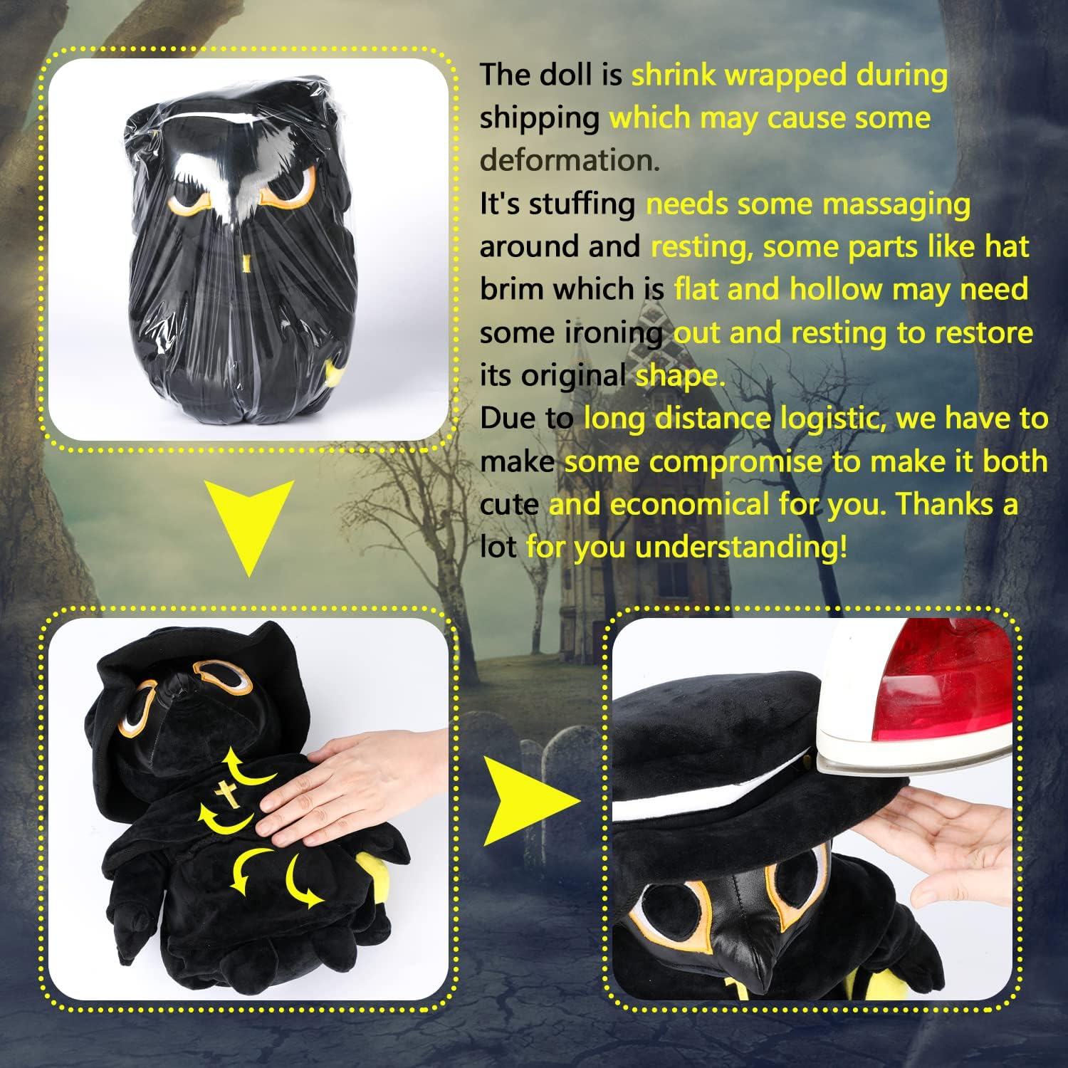 Plague Doctor Plush Toy, 14" Spook Cute Stuffed Plushie Pillow Doll, Soft Fluffy Halloween Hugging Cushion Decor, Present for Kids and Adults image number 4