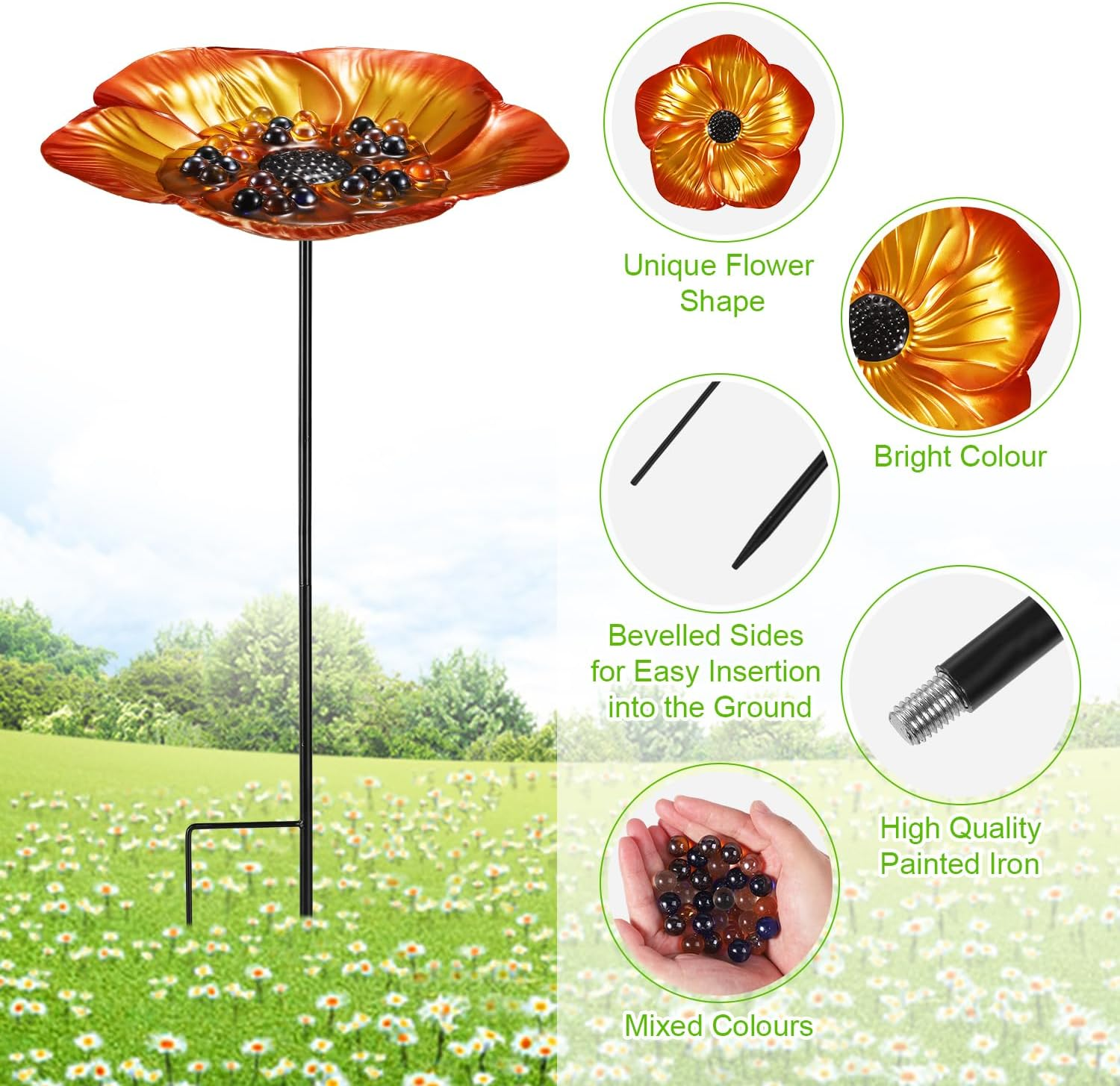 Bee Feeder with Flower Design, Iron Vivid Bird Watering Station Bee Drinking Stations Mini Bee Water Cups with 30Pcs Colorful Glass Marbles for Birds Butterfly outside Garden Courtyard Decor image number 4