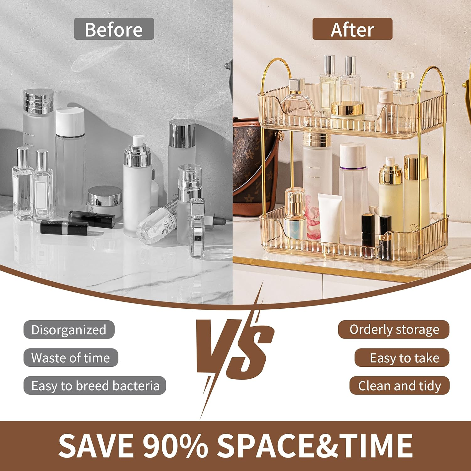 Ycia&Done Bathroom Organizer Countertop, Makeup Storage, Skincare Cosmetic Tray Shelf, Perfume Holder Rack for Vanity Counter, Large Capacity, Easy to Install, Clean, 2 Tiers, Amber Gold image number 3