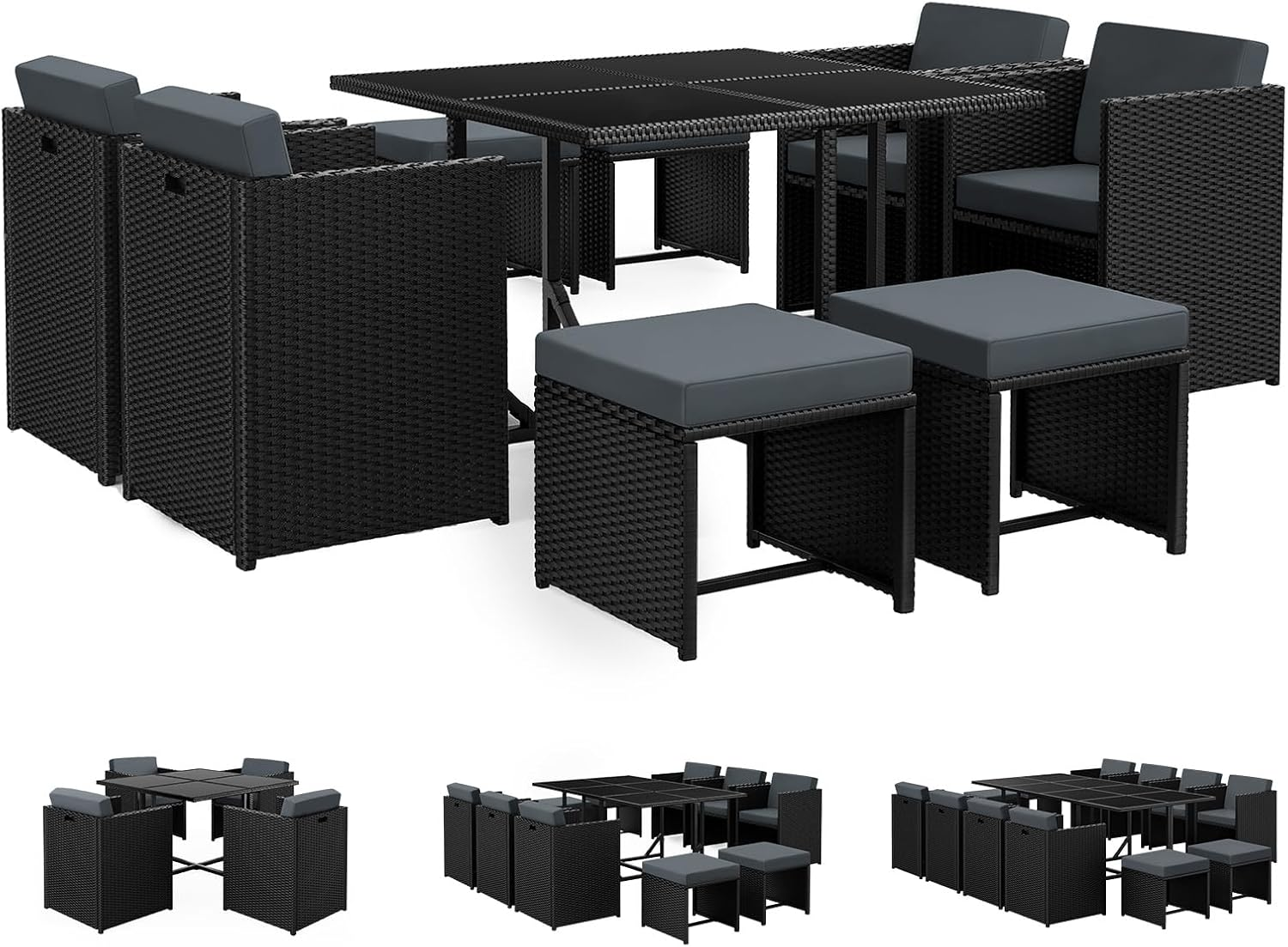 ALFORDSON 9Pcs Outdoor Dining Set Patio Furniture Garden Armchair, PE Wicker Rattan Lounge Chair and Glass Top Table with Steel Frame & Cushions, Uv-Resistant Conversation Sofa Set with Storage Cover image number 2