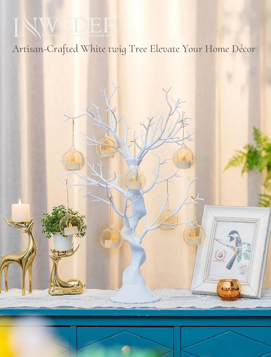 White Artificial Branch - 58 Cm High Christmas Tree for Table Decoration, Display, Easter, Wishing Tree for Wedding, Halloween, Birthday, Home Decor image number 2