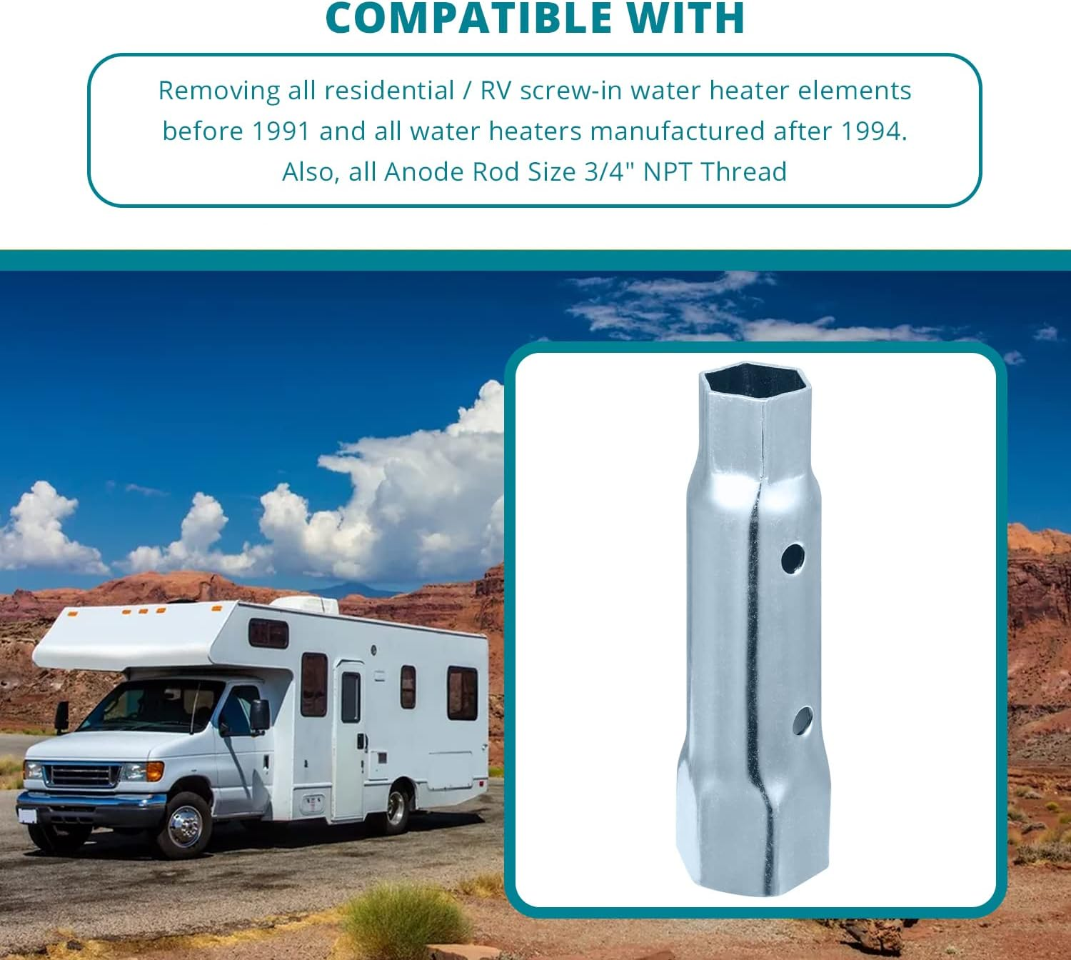 Dual Hex Wrench Removal Tool for Anode Rod and Water Heater Element, 1-1/16 in X 1-1/2 in X 6 In, Hex Socket for All Residential and RV Camper Travel Trailer Motorhome image number 6