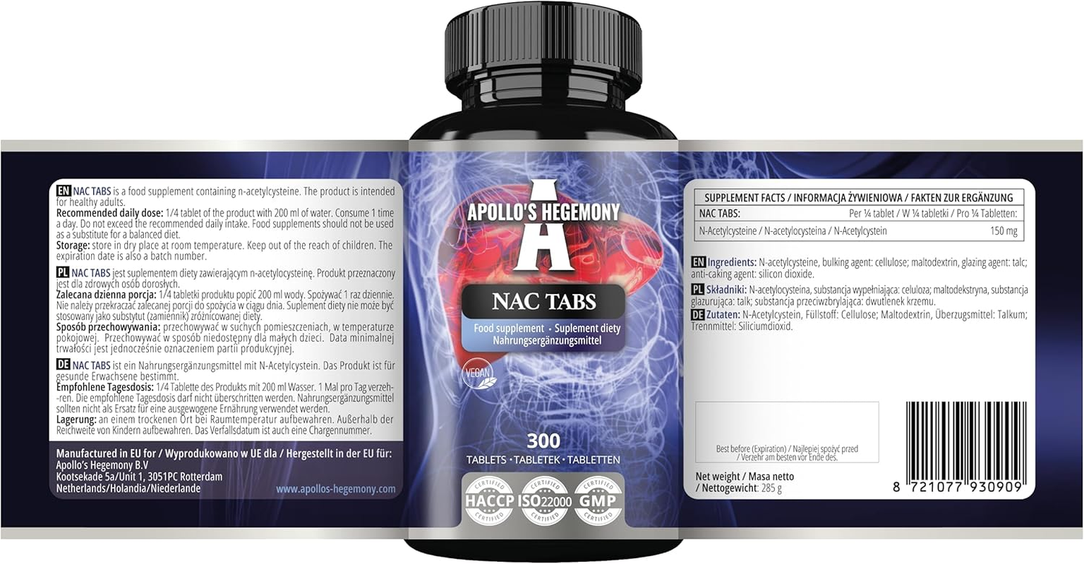 NAC 150 Mg - N-Acetyl L-Cysteine - 300 Vegan Tablets - 1200 Servings - Amino Acid Dietary Supplement to Support Liver Function - by Apollo'S Hegemony image number 1