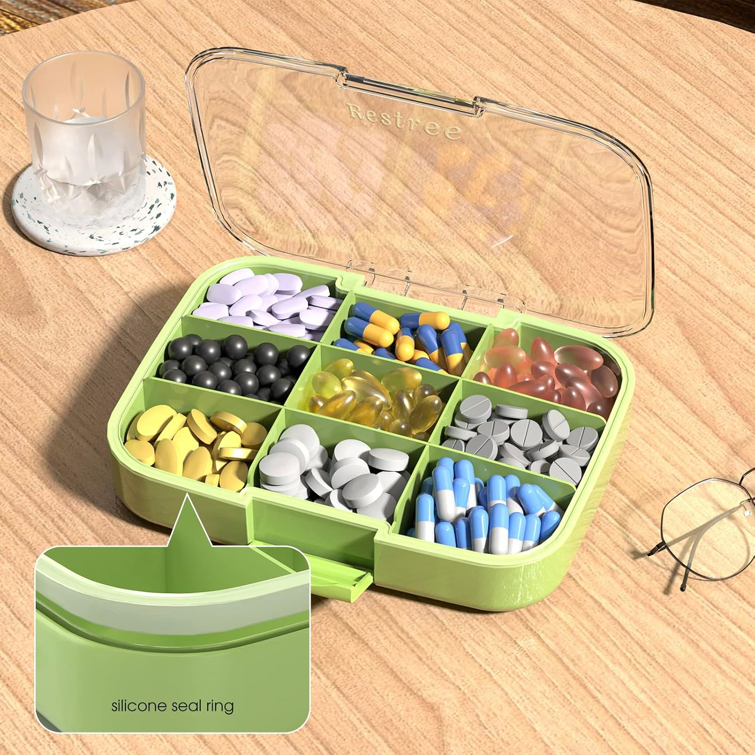 RESTREE Pill Organizer, Portable Pill Dispenser, Moisture-Proof Travel Pill Case for Vitamin, Medicine, Fish Oil/Supplements Extra Large 9 Compartments(Green)