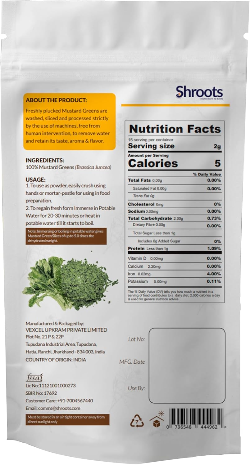 SHROOTS Dehydrated Mustard Green Leaves (Sarso) Flakes Pure Vegetarian Gluten-Free No Added Salt Easy Cooking Machine Dried Vegetables with Natural Aroma Ideal for Everyday Meals 1.06 Oz, Pack of 1 image number 3