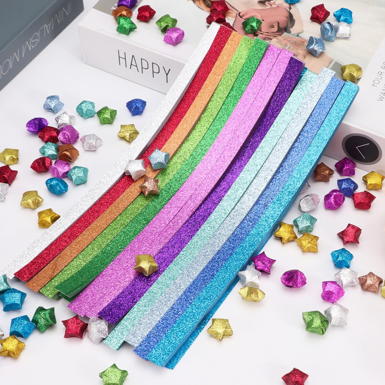 520 Sheets Glitter Origami Star Paper, 7 Colors Single Sided Paper Strips, Colourful Decoration Lucky Star Folding for Art Crafts Gift DIY Supplies image number 5