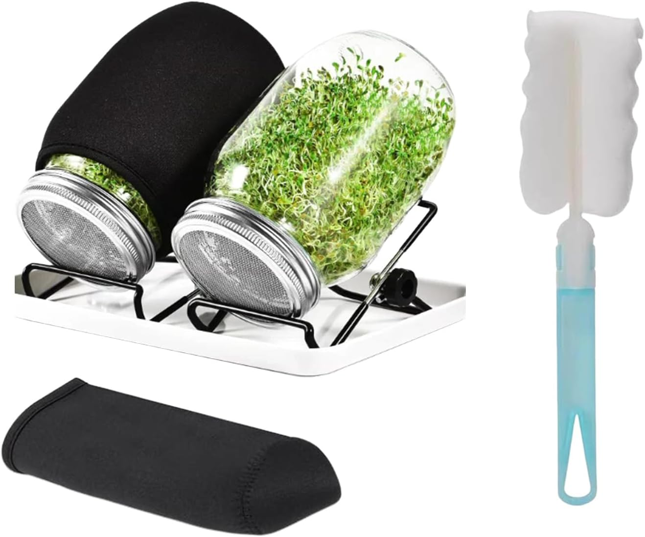 2 Pcs Sprouting Jar,32Oz Seed Sprouting Jar Kit with 304 Stainless Steel Screen Sprout Lids,Tray,Stand,Shading Cloth and Canning Brush for Growing Broccoli, Alfalfa, Mung Bean