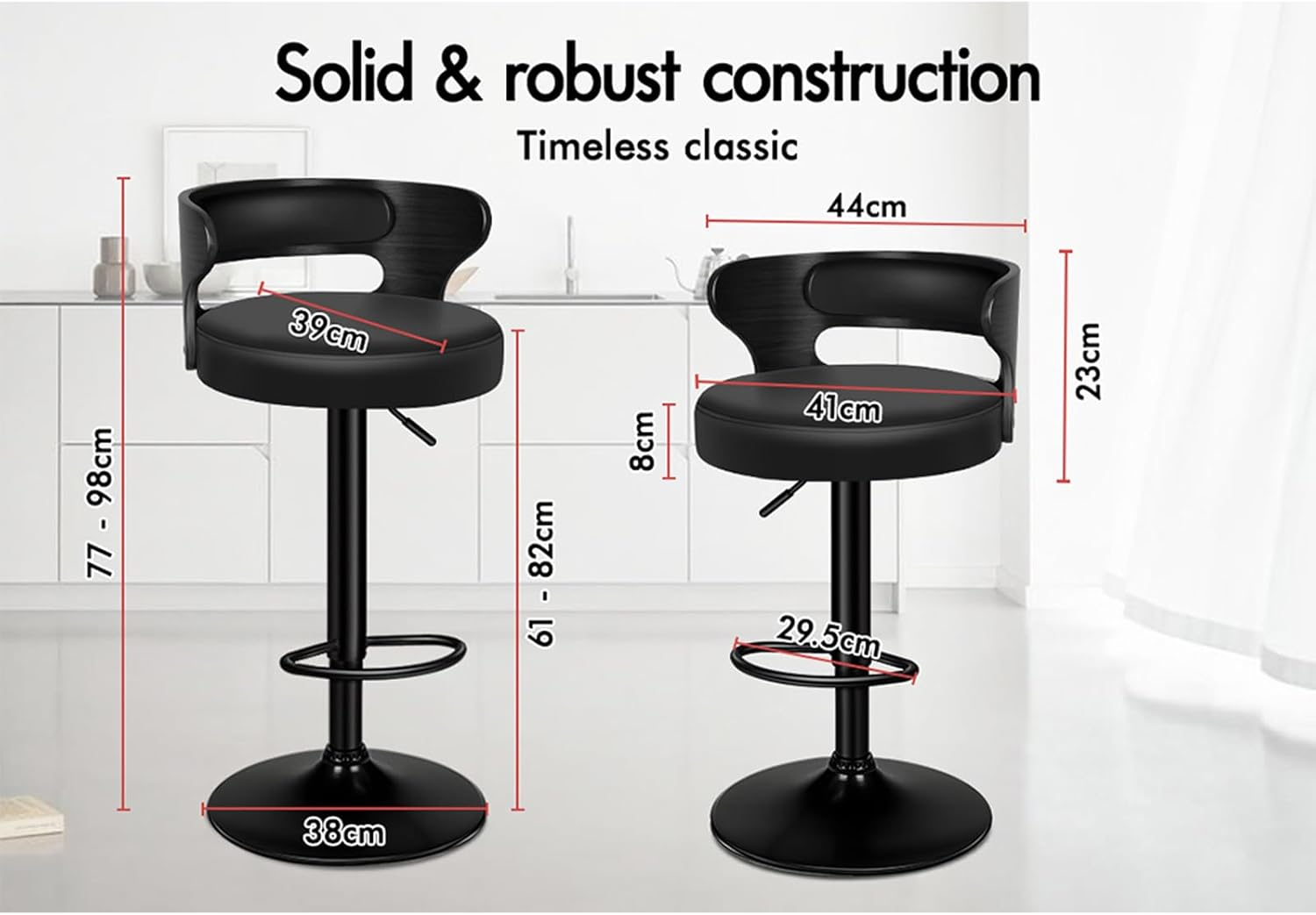 ALFORDSON Set of 2 Bar Stool Ramiro Adjustable Kitchen Stool Swivel Counter Wooden Dining Chair in 61-82Cm Seat Height with Gas Lift, All Black Bar Sets for Home Dining Room Cafe Shops Bars image number 4