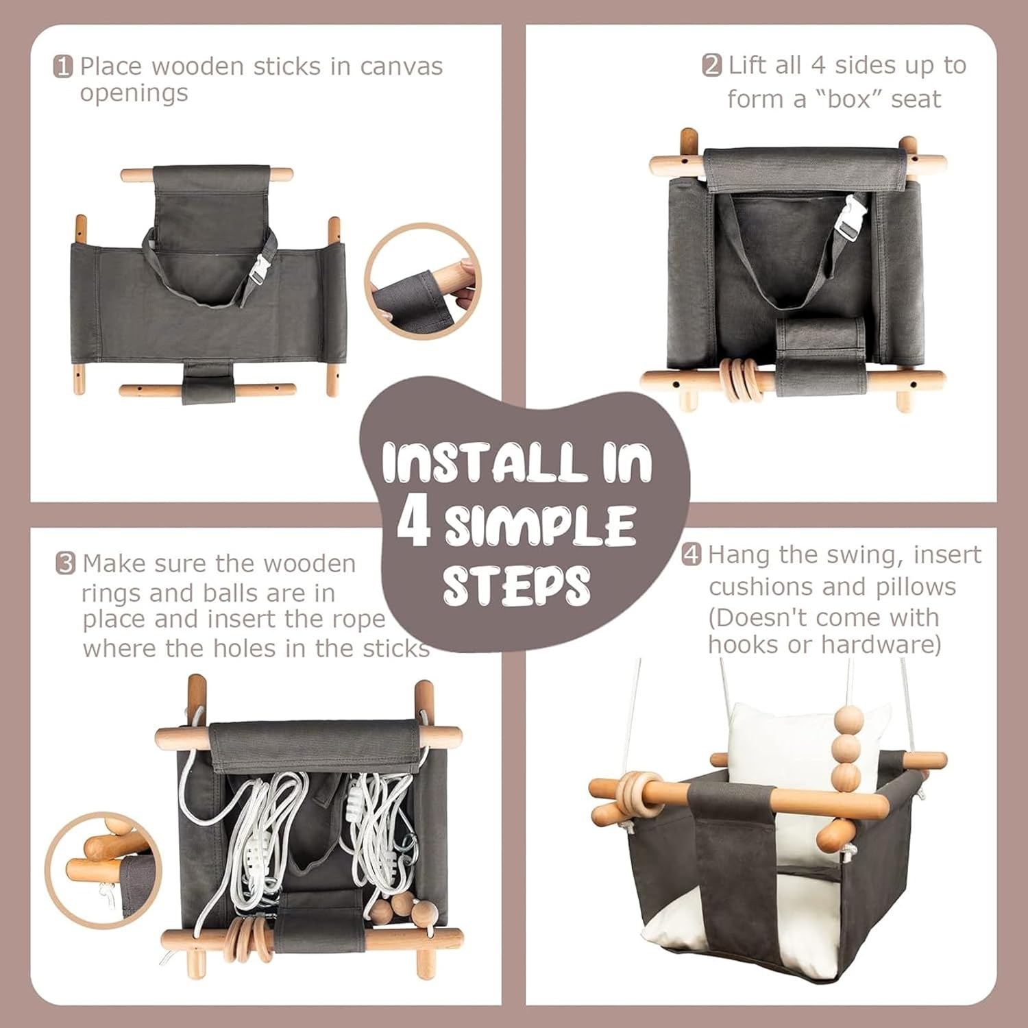 Baby Swing Seat, Visuivit Durable Canvas Hanging Swing for Outdoor/Indoor Use with Canvas Cushion & Safety Belt, Swing Sets for Baby Hammock Toy Backyard (White & Grey) image number 6