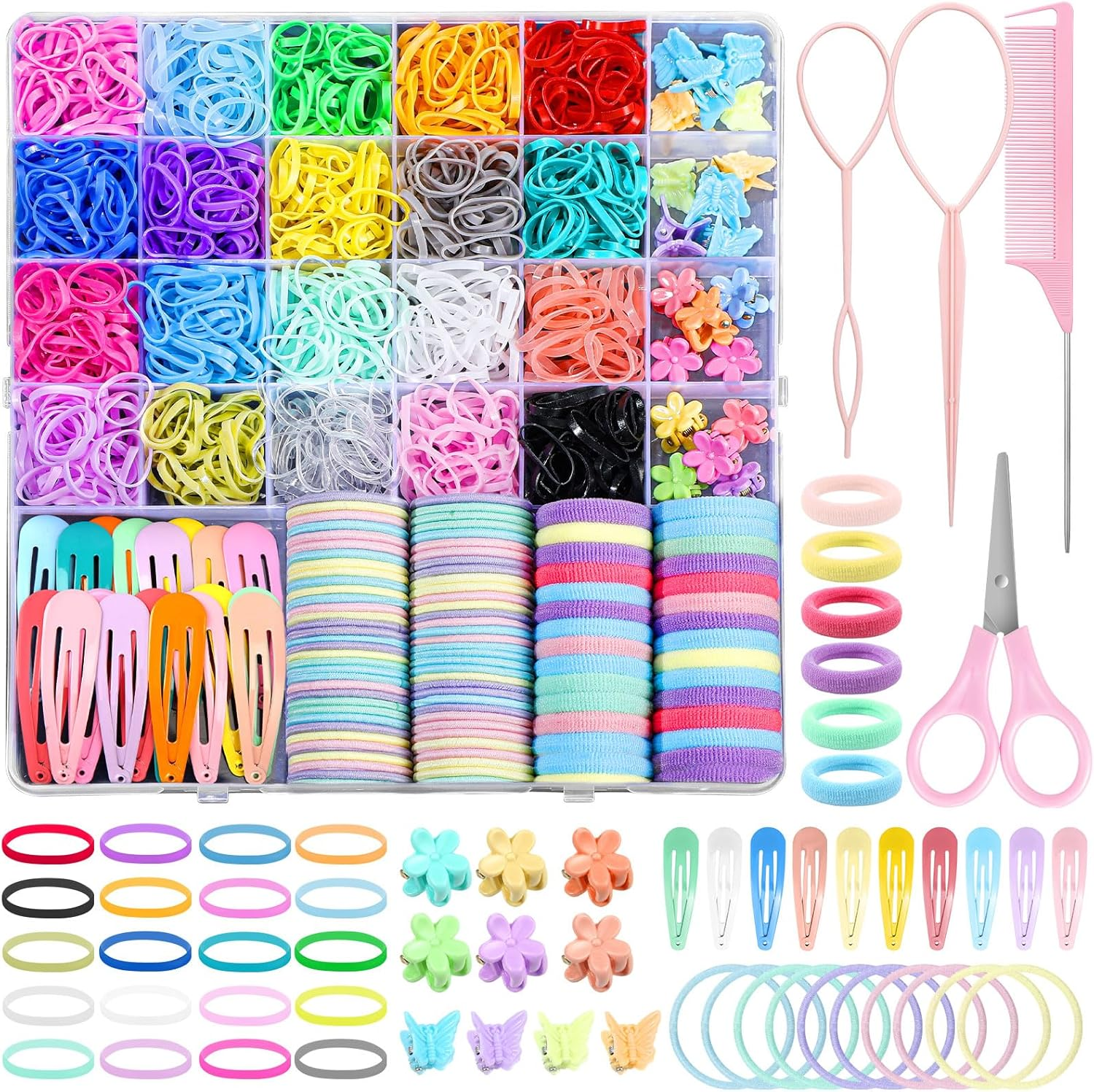Hair Accessories Set - 1543 Pcs Elastic Bands in 20 Colors, Baby Ties, Tail Tools, Rat Tail Comb, Butterfly Clips with Organizer Box for Girls