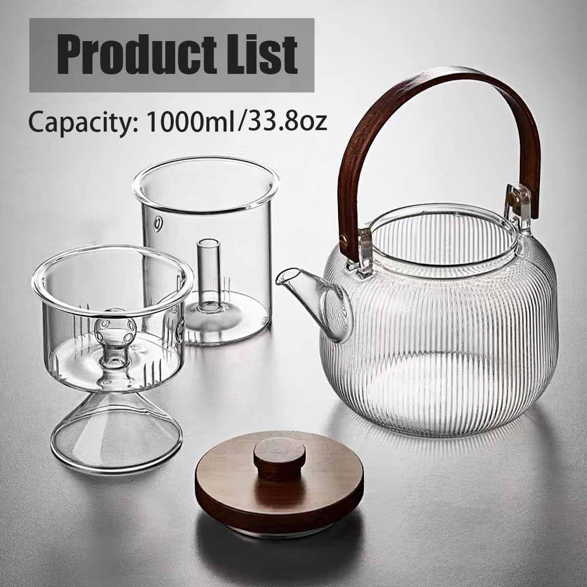 Borosilicate Clear Tea Pot, 1000Ml (33.8Oz) Glass Teapot Kettle with 2 Type Removable Infuser and Wooden Lid, Gas & Electric Stovetop Safe, for Blooming Flower Tea and Loose Leaf Tea - Transparent Color image number 6